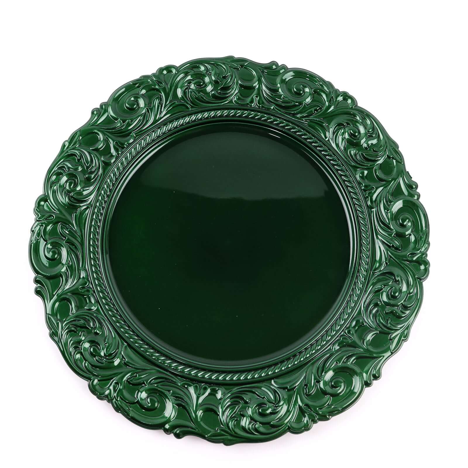 6-Pack Acrylic Round Charger Plates 14 in Hunter Emerald Green with Engraved Baroque Rim, Vintage Disposable Decorative Chargers