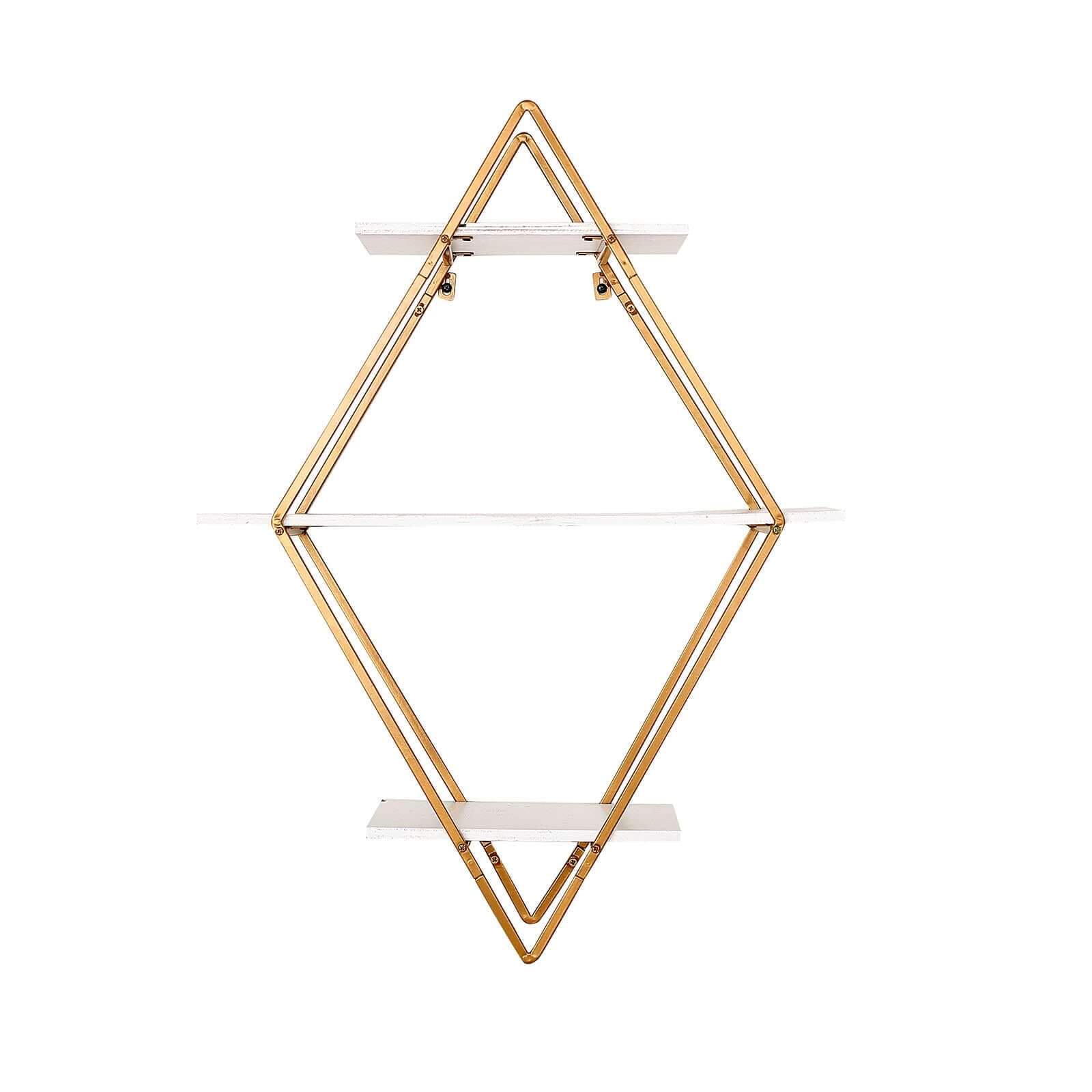 31 Geometric Diamond Shaped 3-Tier Gold Metal Dessert Cupcake Stand Rack, Wall Hanging Display Shelf Display, Book Shelf With White Wood Panels