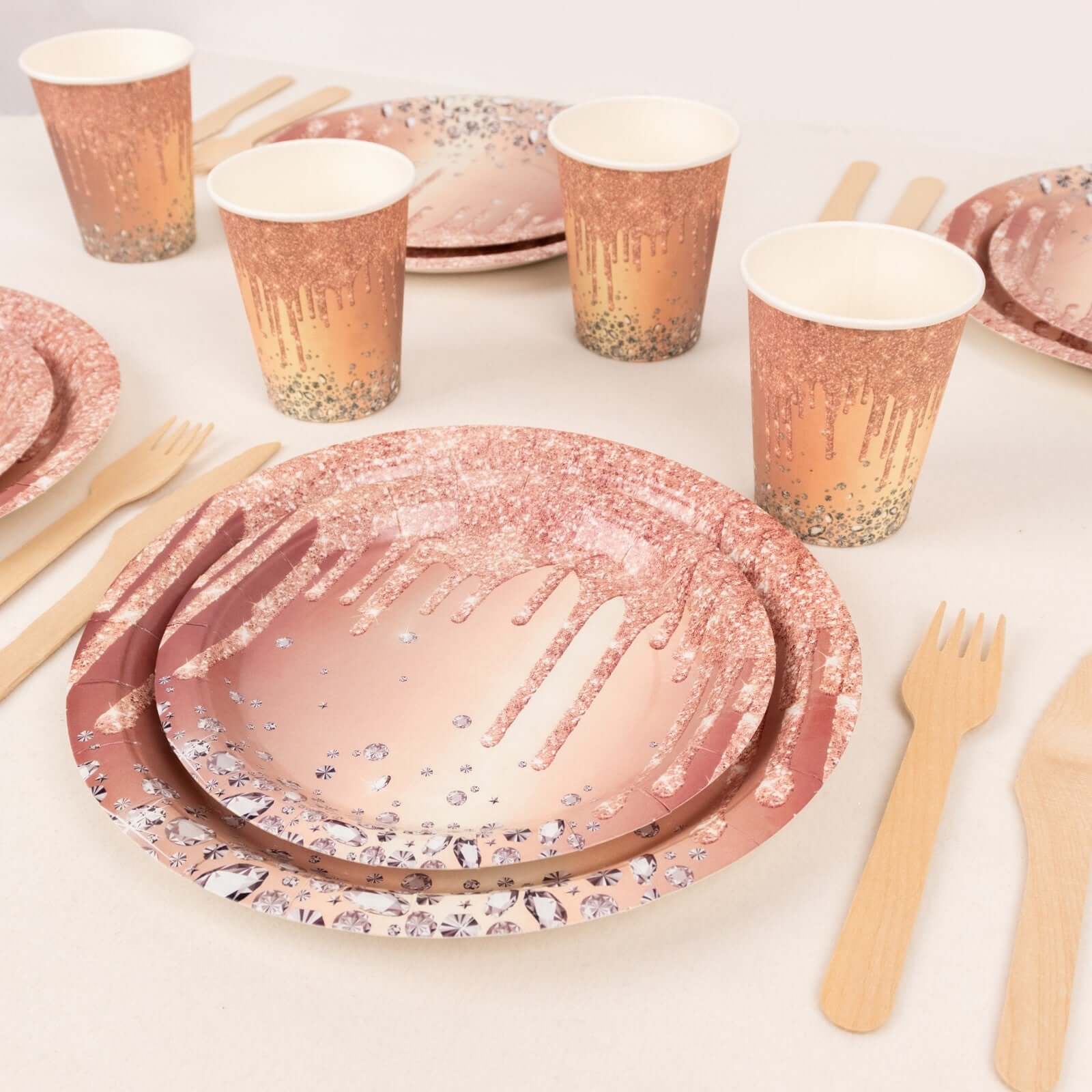 72 Pcs Paper Dinnerware Set with Diamonds Glitter Drip Pattern Rose Gold - Disposable Tableware Combo-Pack with Plates and Cups