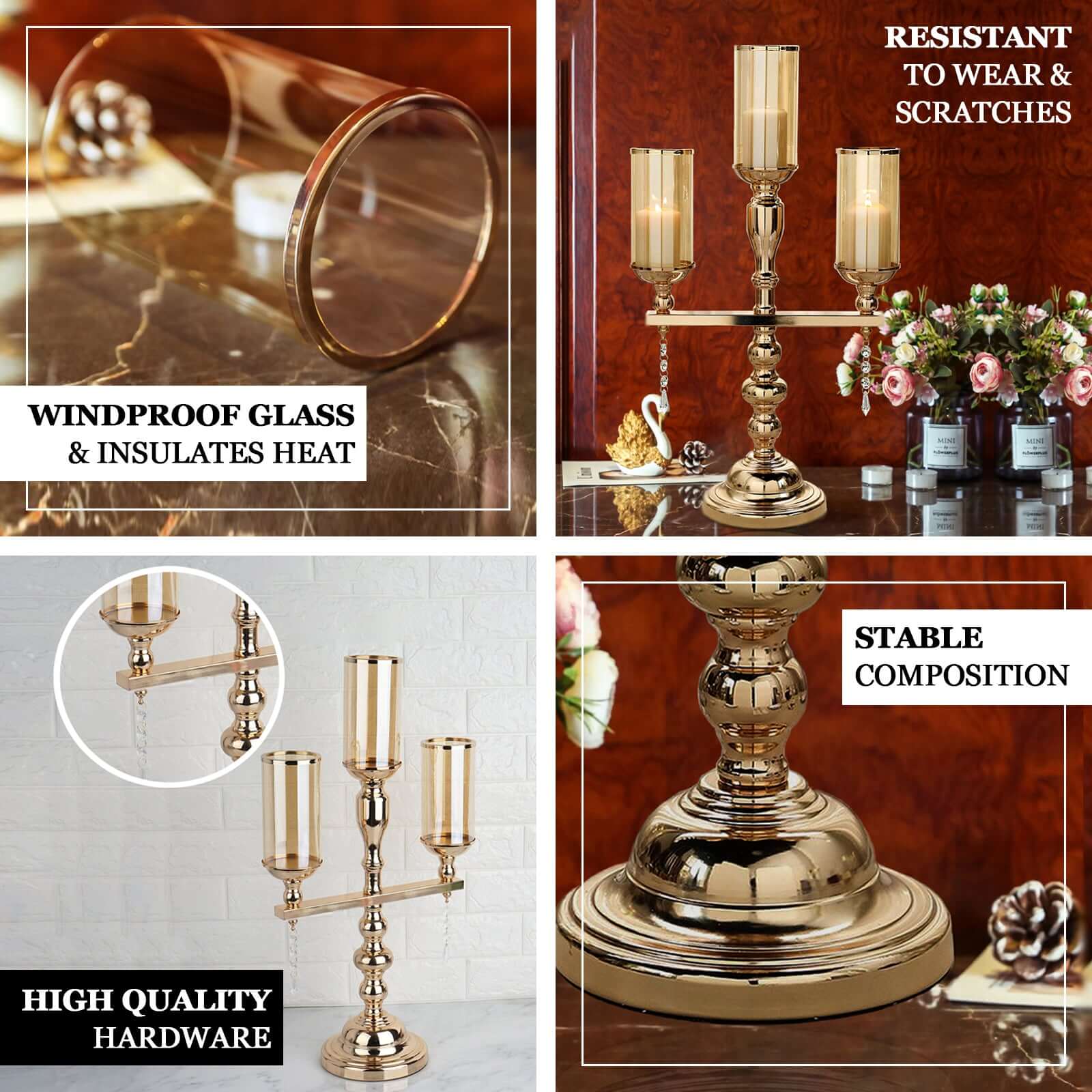 3-Arm Gold Candelabra Metal with Amber Glass Shades - Stylish Table Centerpiece for Gatherings