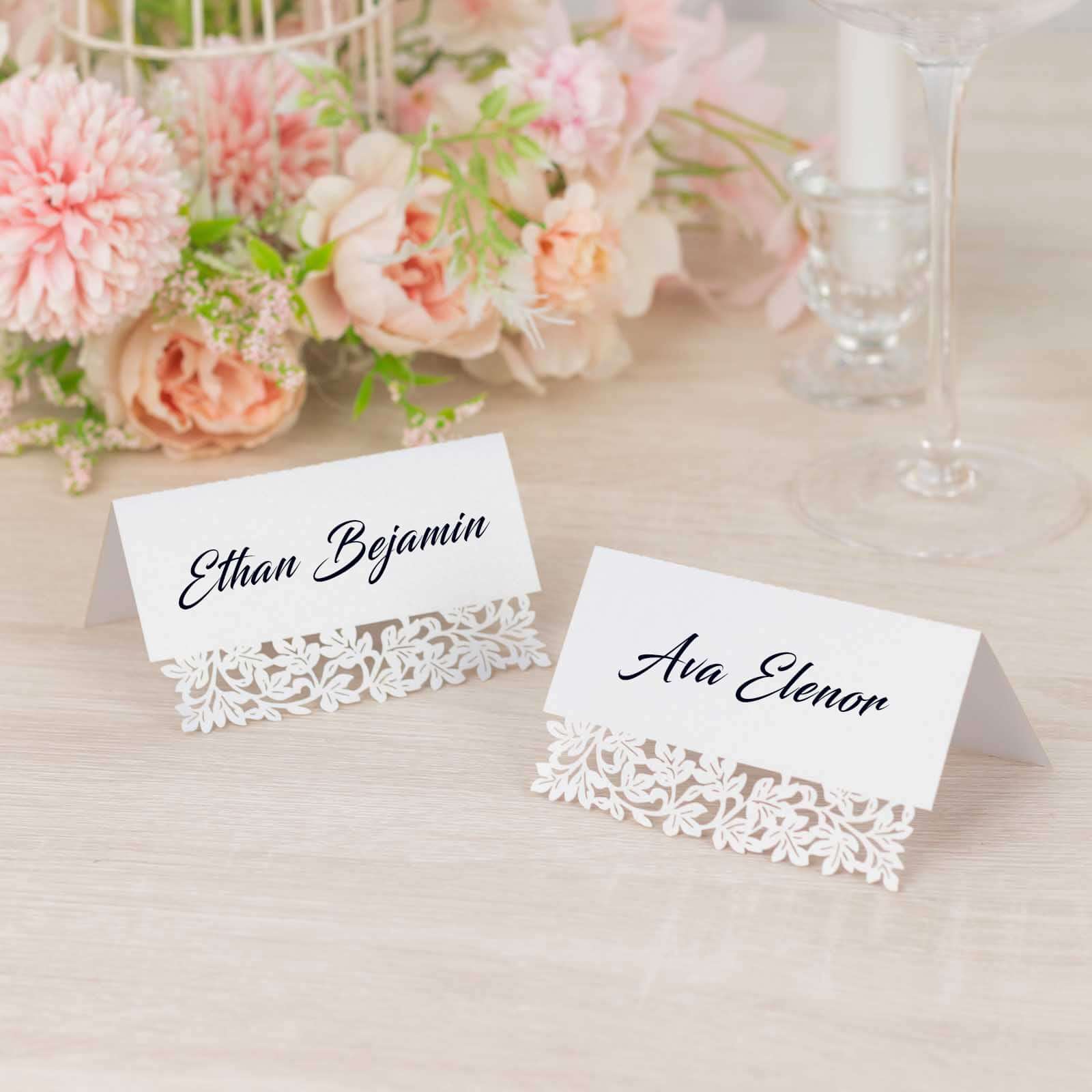 50-Pack Wedding Place Cards with Laser Cut Leaf Vine Design White - Printable Reservation Seating Tent Cards 210 GSM