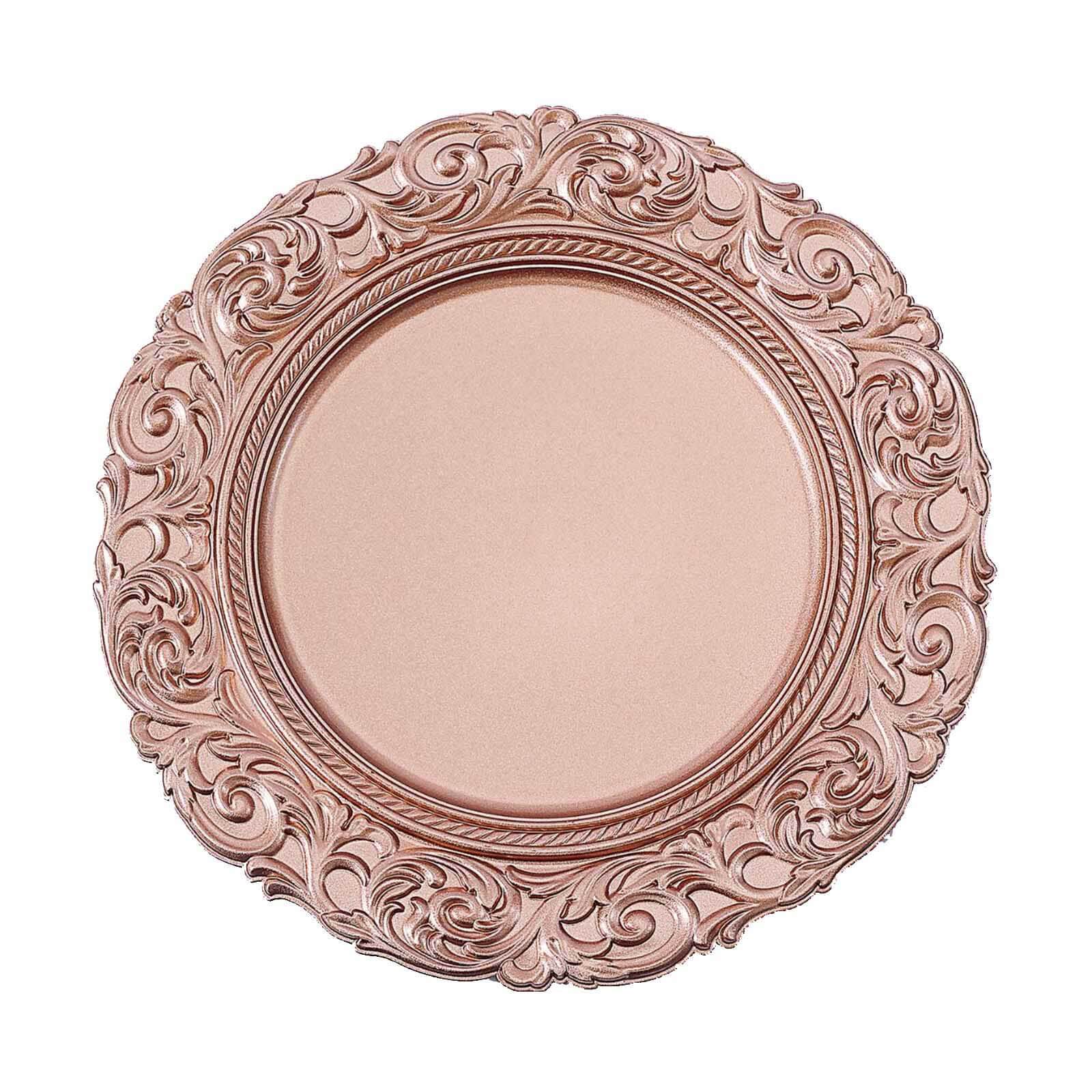 6-Pack Acrylic Round Charger Plates 14 in Rose Gold with Engraved Baroque Rim, Vintage Disposable Decorative Chargers