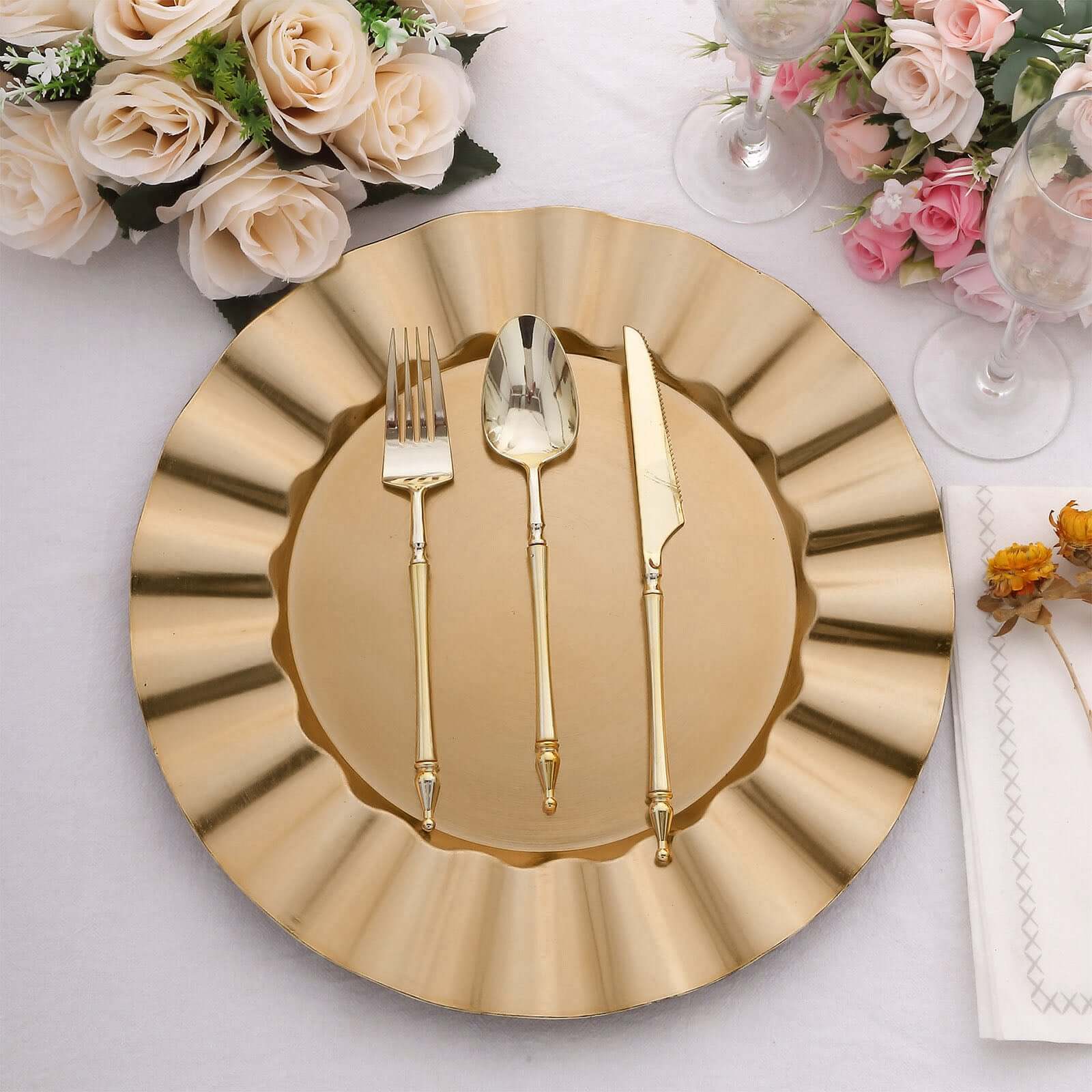 6-Pack Acrylic Plastic Round Charger Plates 13 in Gold with Wavy Scalloped Rim, Decorative Dinner Party Charger Tableware