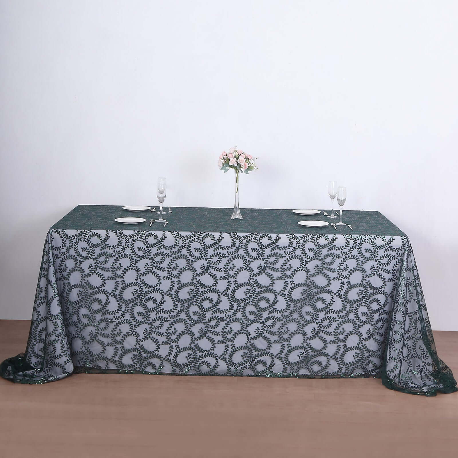 Tulle 90x156 Rectangle Tablecloth Hunter Emerald Green - Sequin Leaf Embroidered Table Cover