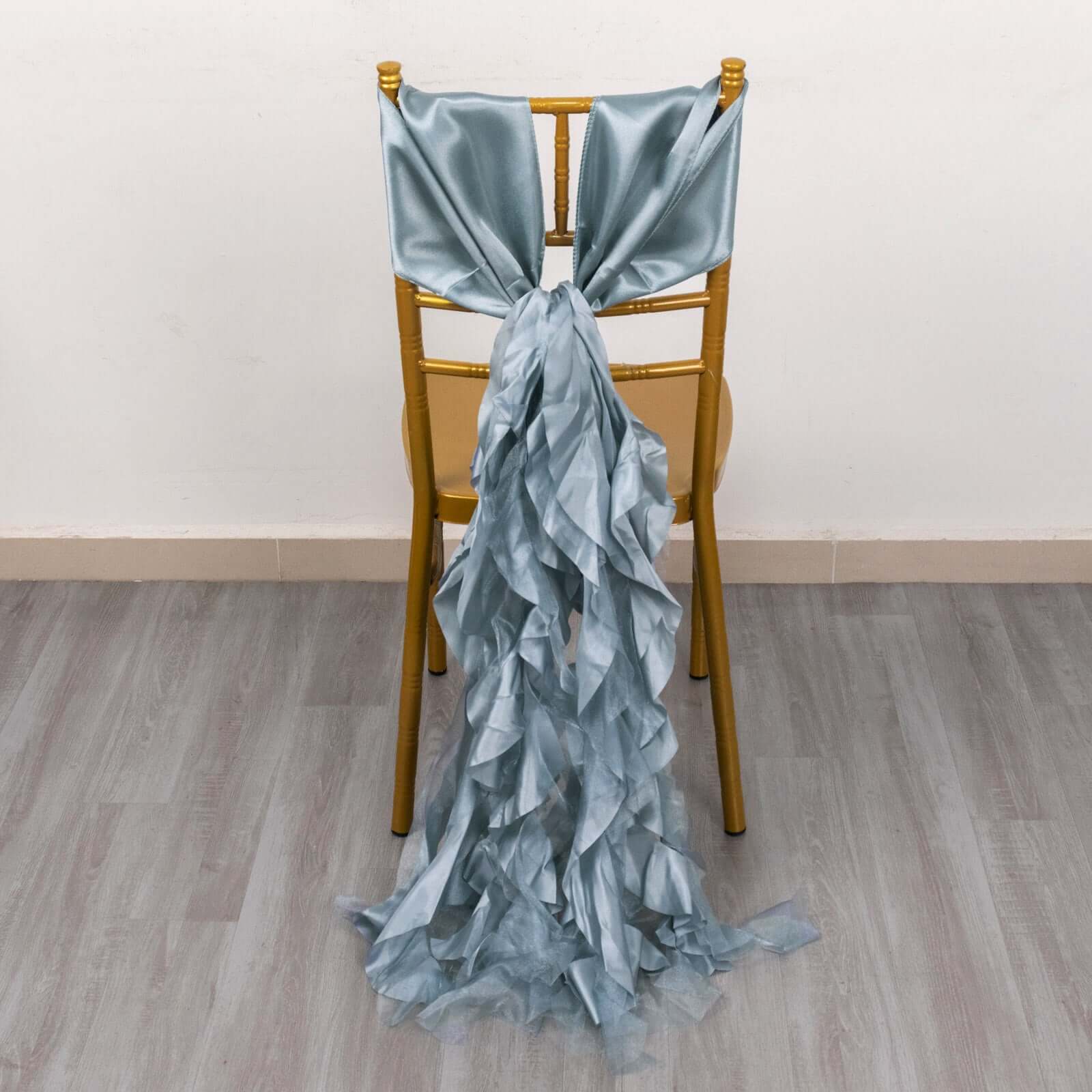 5 Pack Chiffon Satin Chair Sashes Dusty Blue - Easy to Install Ruffled Curly Willow