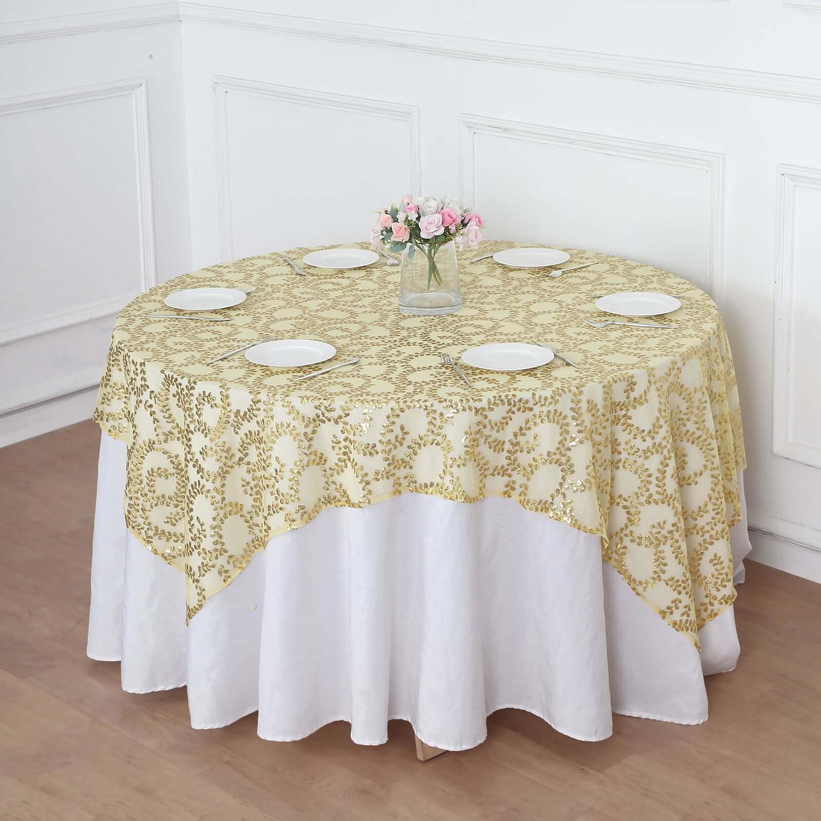 Tulle 72x72 Table Overlay Square Tablecloth Gold - Sequin Leaf Embroidered Design for Stylish Occasions