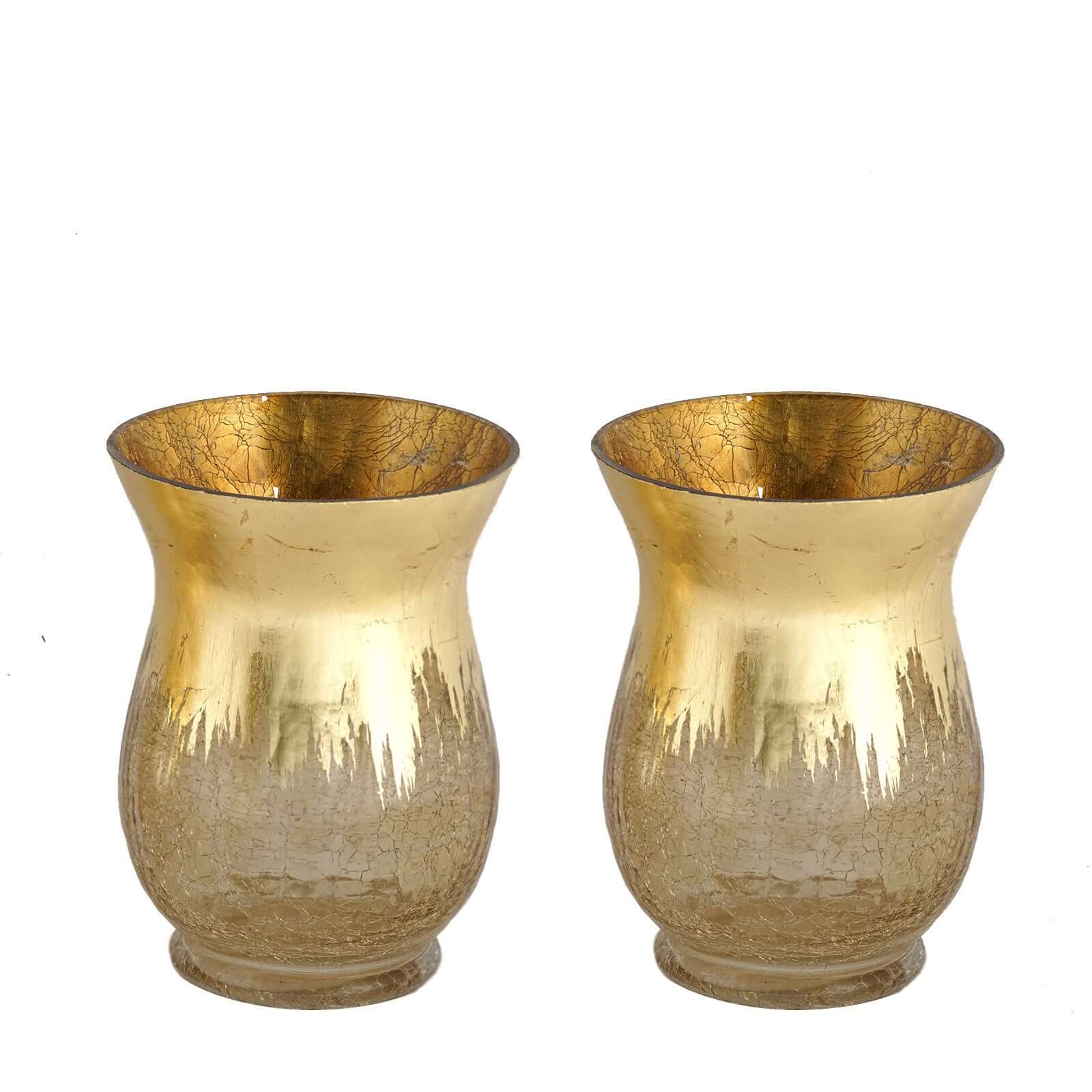 2-Pack Glass Hurricane Vases Bell Shaped Crackle Gold Curvy Design - Stylish Candle Holder Centerpieces 8