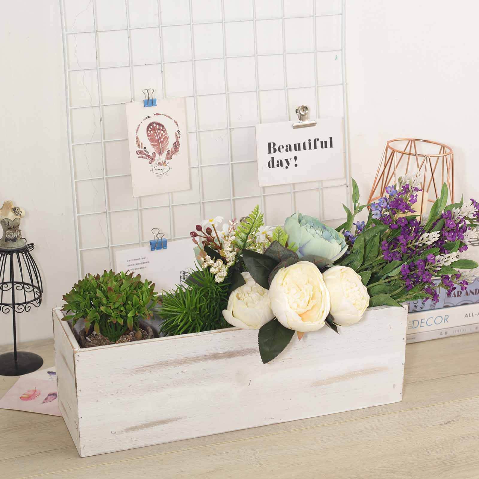 Whitewash Wood Planter Rectangular Box 18x6- Durable Decor with Removable Plastic Liner for Table Displays