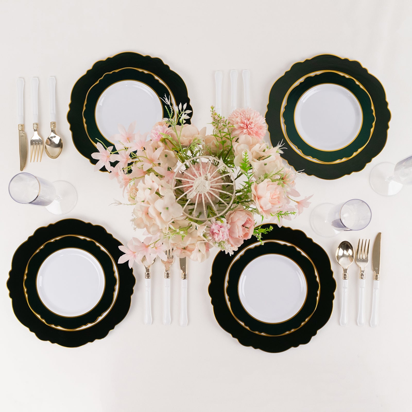 10-Pack Plastic 8 Round Dessert Plates in White with Hunter Emerald Green Blossom Design & Gold Edging - Disposable Salad Appetizer Plates