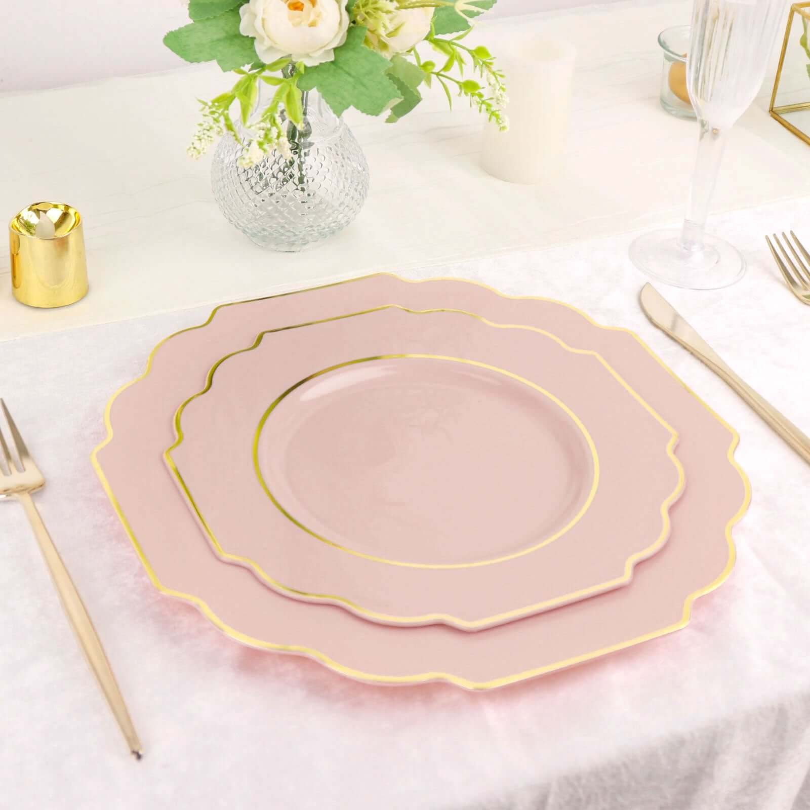 10-Pack Plastic Dessert Appetizer Plates in Blush Baroque Design with Scalloped Gold Rim - Heavy Duty Disposable Salad Plates 8