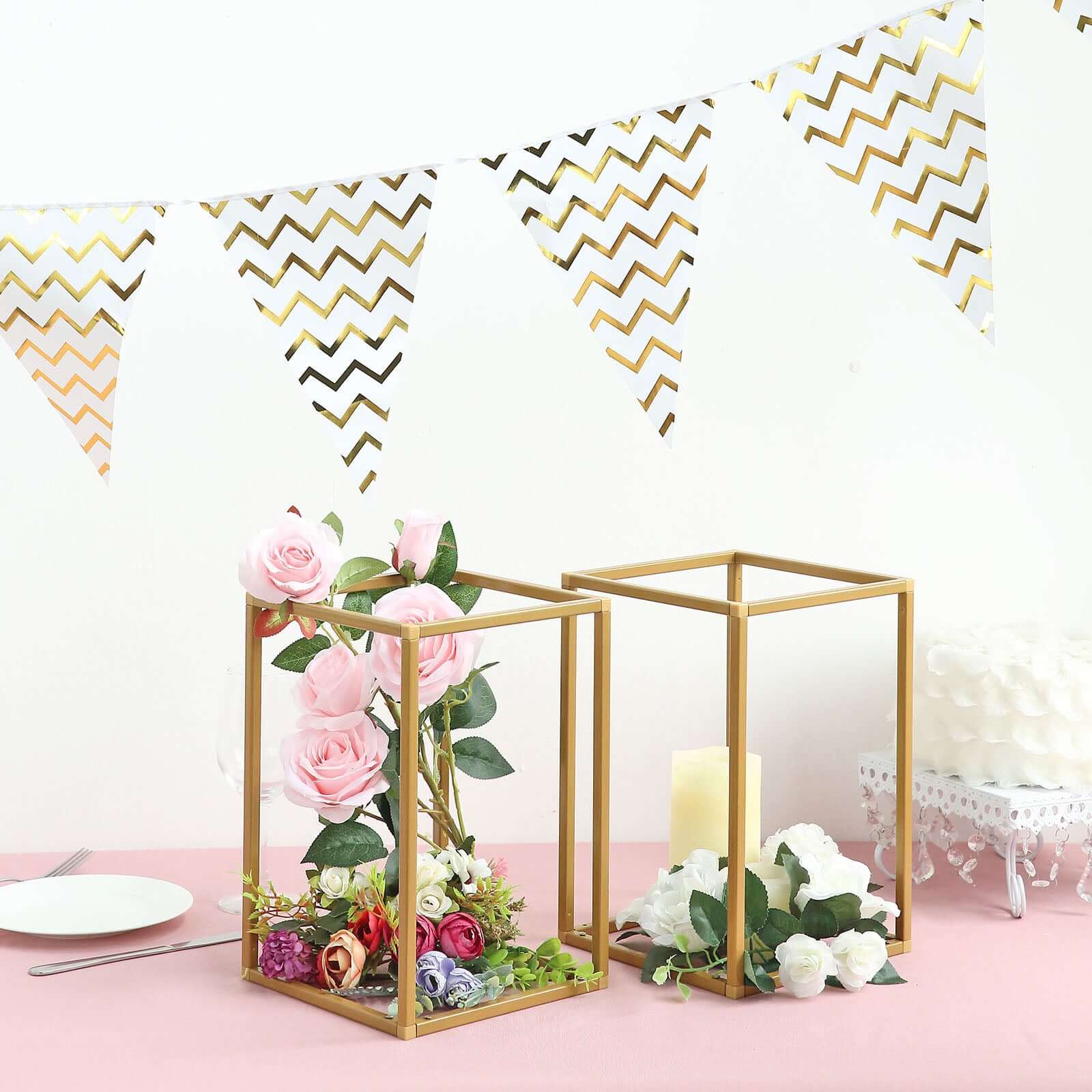 2-Pack Wedding Flower Stand Gold Metal Geometric Column Frame Rectangular - Versatile Floral Pedestal for Sophisticated Arrangements 12