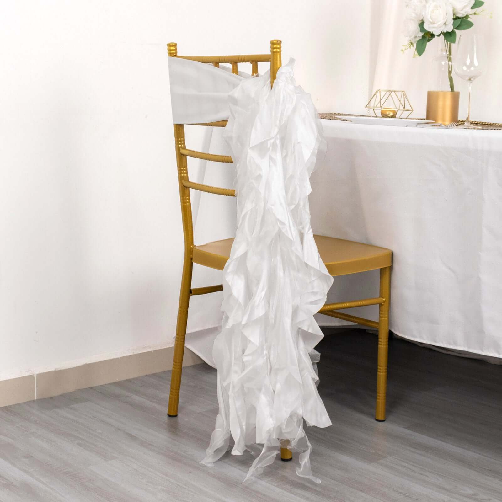 5 Pack Chiffon Satin Chair Sashes White - Easy to Install Lustrous Ruffled Curly Willow Wedding Chair Decorations