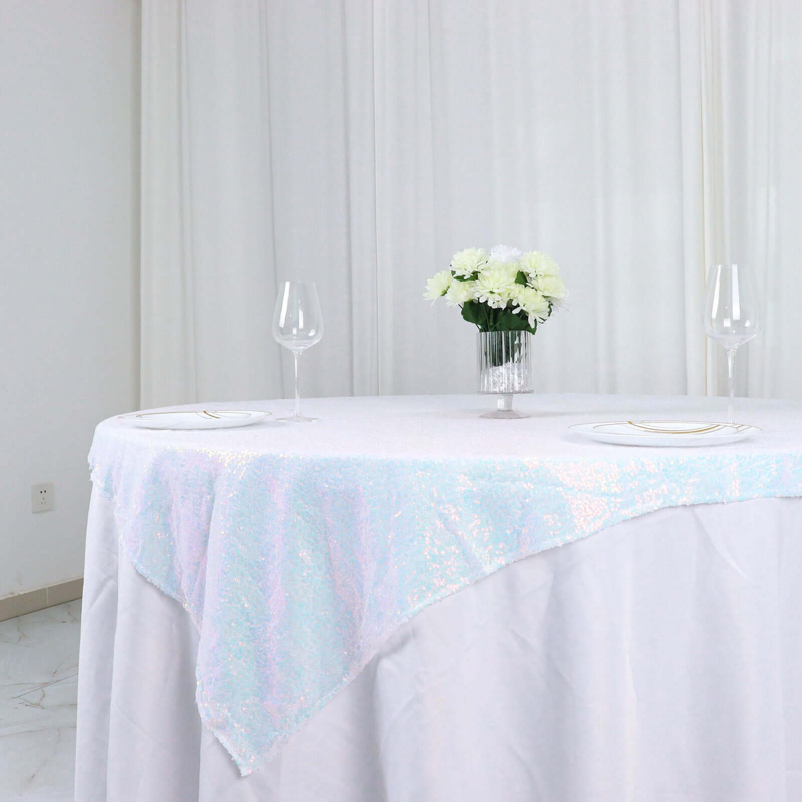 Sequin 60x60 Table Overlay Square Tablecloth Irisdescent Blue - Luxe Wedding Table Topper