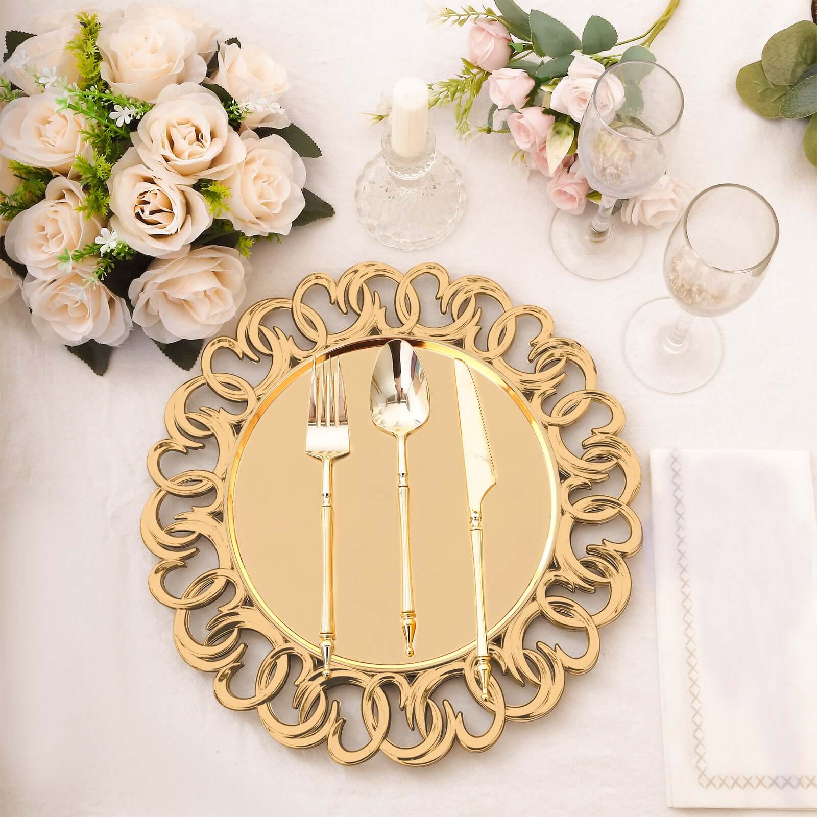 6-Pack Plastic Round Charger Plates 13 in Gold with Entwined Swirl Rim, Plastic Disposable Decorative Chargers