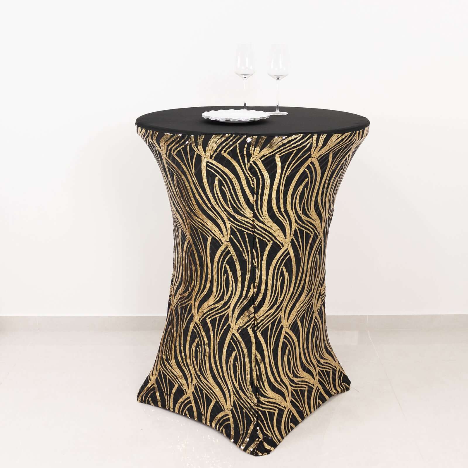 Spandex 32 Round Cocktail Table Cover Black/Gold with Wave Embroidered Sequins - Glamorous Design for Upscale Events