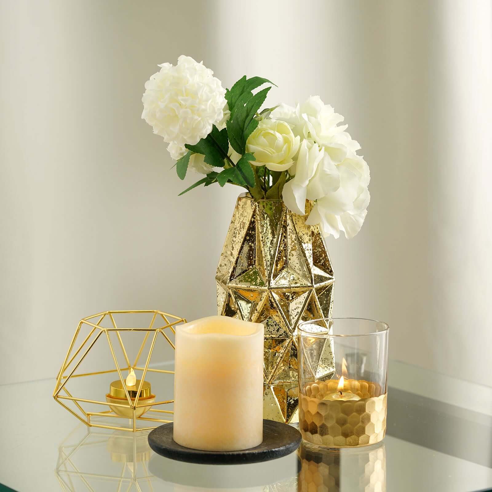 Set of 2 Candle Holders Metal Hexagon Geometric Design Gold - Modern Decorative Centerpieces for Tables 4x3