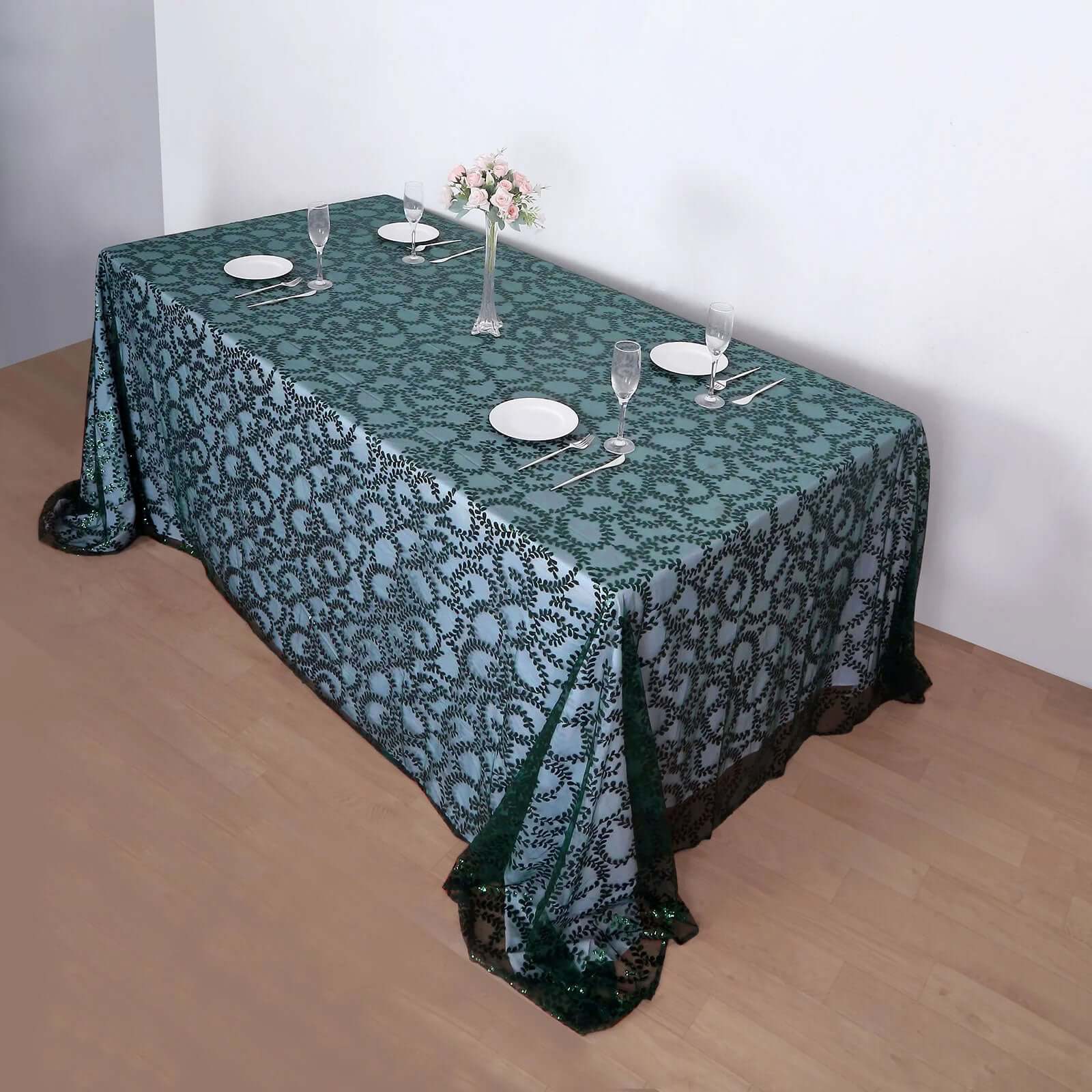 Tulle 90x156 Rectangle Tablecloth Hunter Emerald Green - Sequin Leaf Embroidered Table Cover