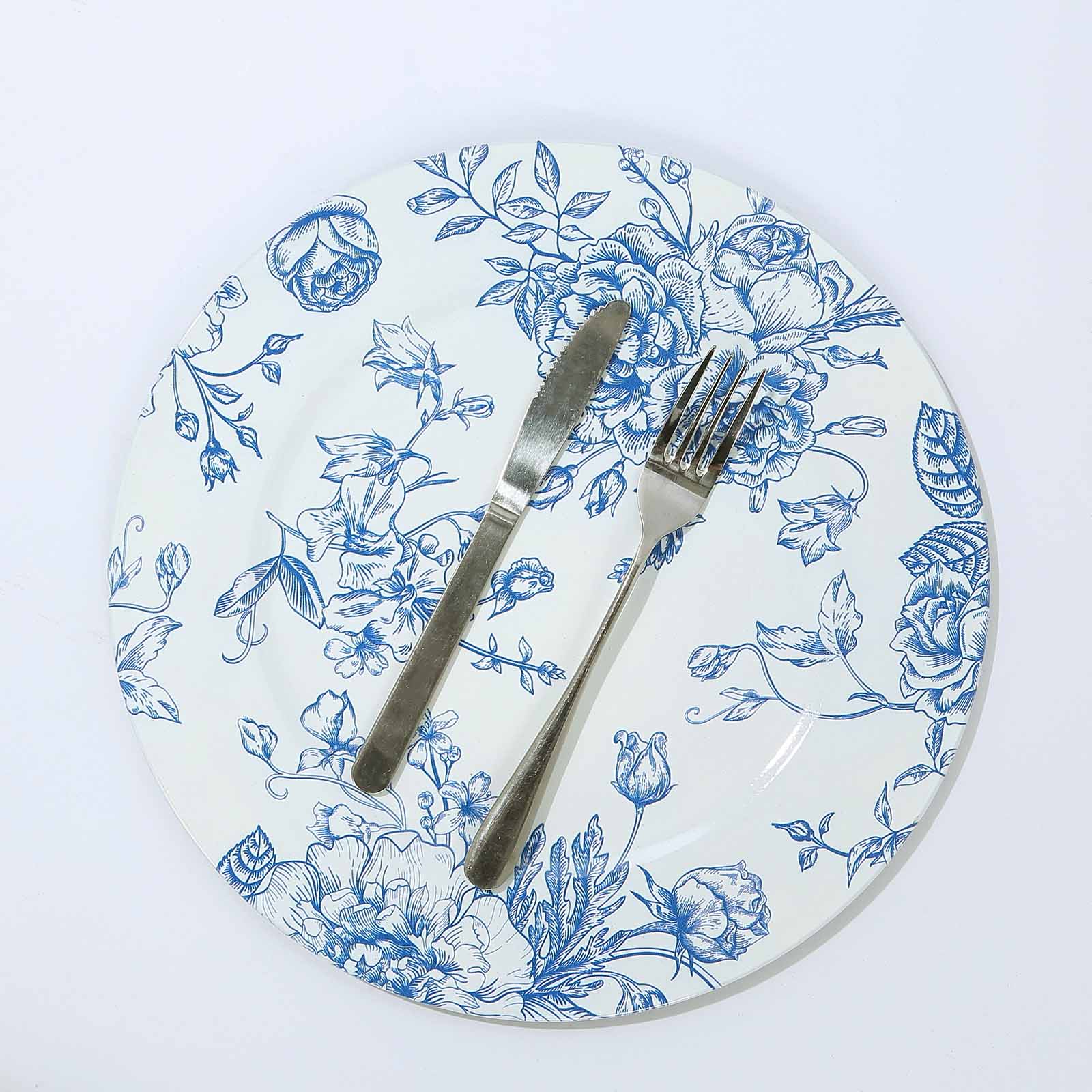 6-Pack Acrylic Round Charger Plates 13 in White with Light Blue Floral French Toile Pattern, Decorative Dinner Party Charger Tableware