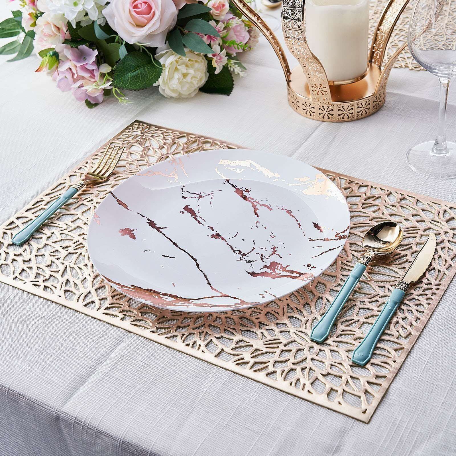 6-Pack Vinyl Placemats Gold Metallic with Floral Design - Stylish Non-Slip Rectangle Table Mats 12x18