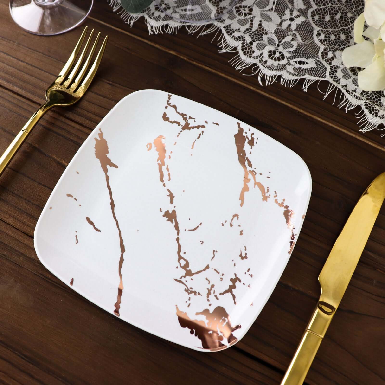 10-Pack Plastic 6 Square Appetizer Snack Plates in White with Rose Gold Marble Design - Disposable Dessert Party Plates for Weddings, Banquets & Special Events