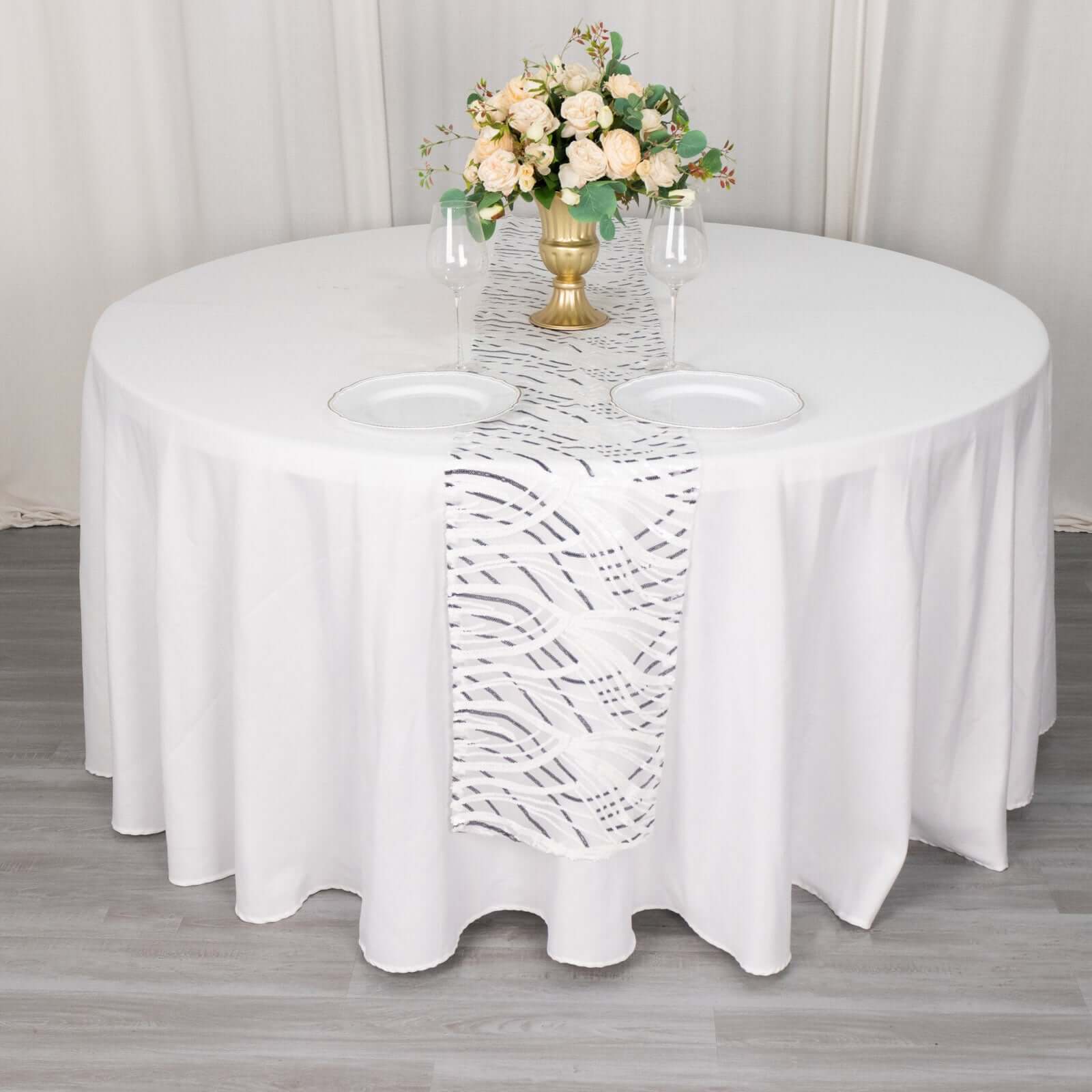 Sequin Mesh 12x108 Table Runner White Black Stylish Wave Embroidery