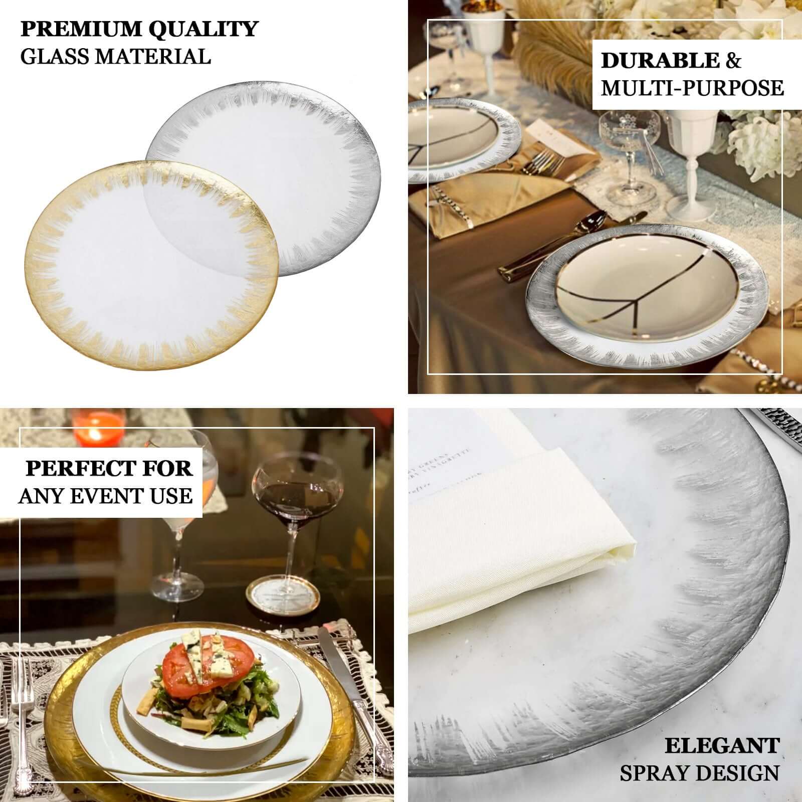 8-Pack Glass Round Charger Plates 13 in Clear with Metallic Gold Spray Rim, Decorative Dinner Charger Tableware