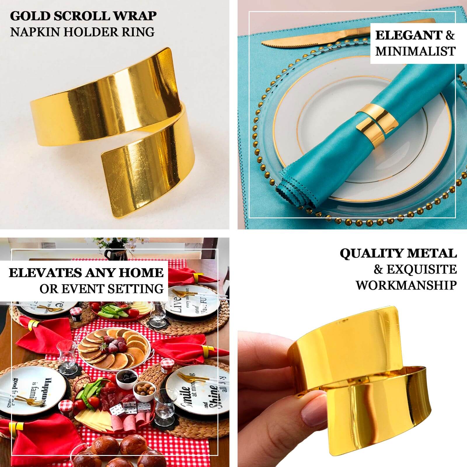 4 Pack Shiny Gold Metal Swirl Wrap Cuff Band Napkin Rings, Decorative Scroll Serviette Buckle Napkin Holders