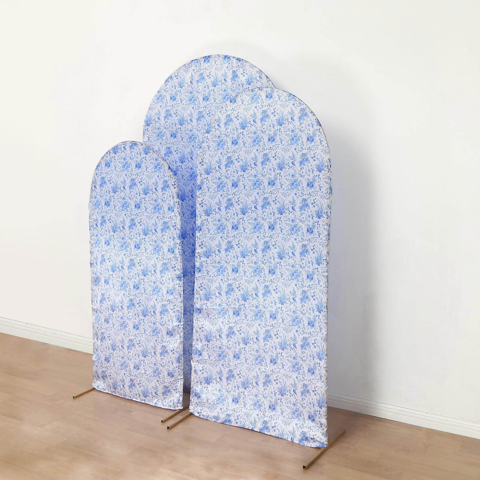 Set of 3 White Blue Satin Chiara Wedding Arch Covers in French Toile Floral Pattern, Fitted Covers For Round Top Backdrop Stands - 5ft,6ft,7ft