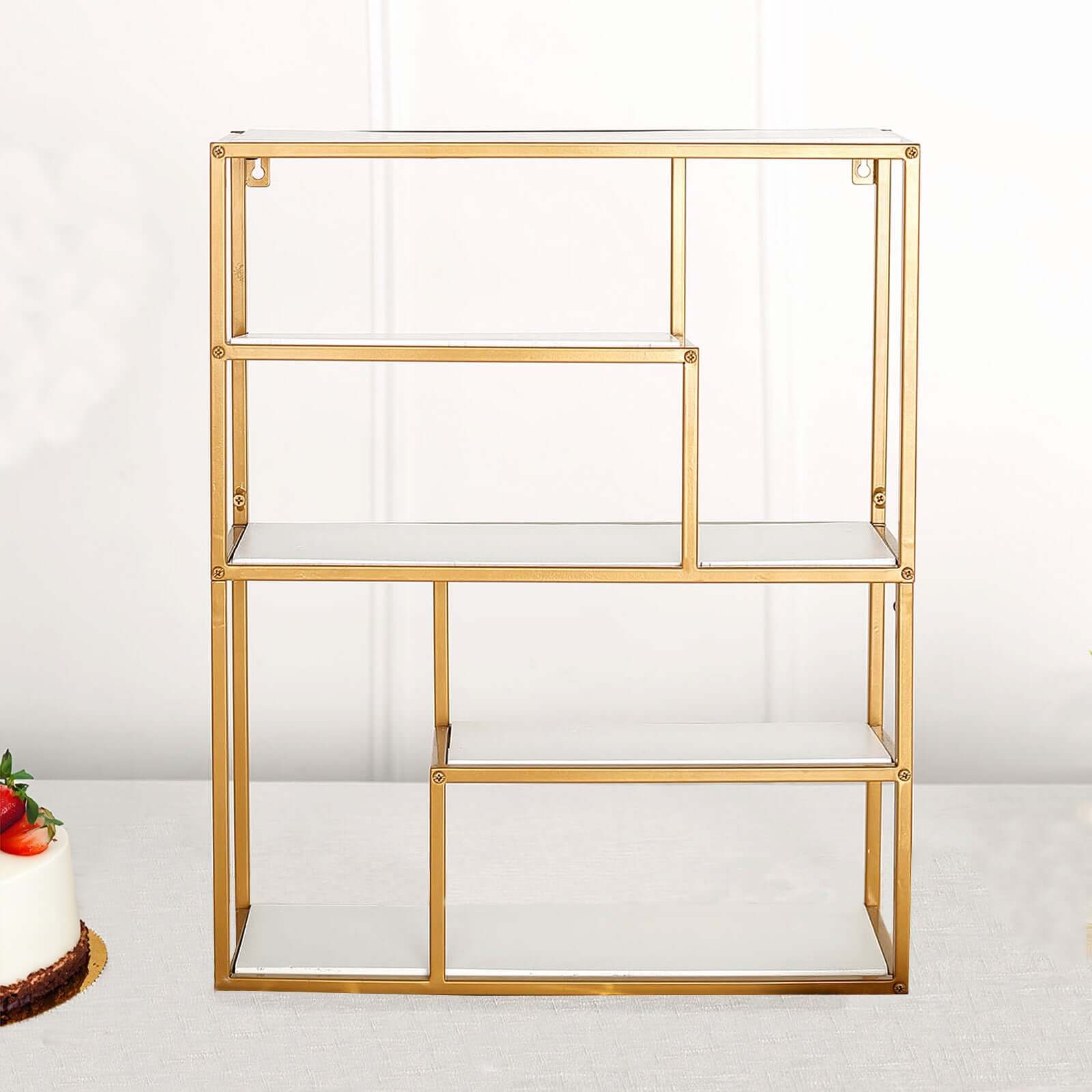 4-Tier Dessert Cupcake Stand Metal Gold with White Wood Panels - Wall Shelf & Book Display Rack 22