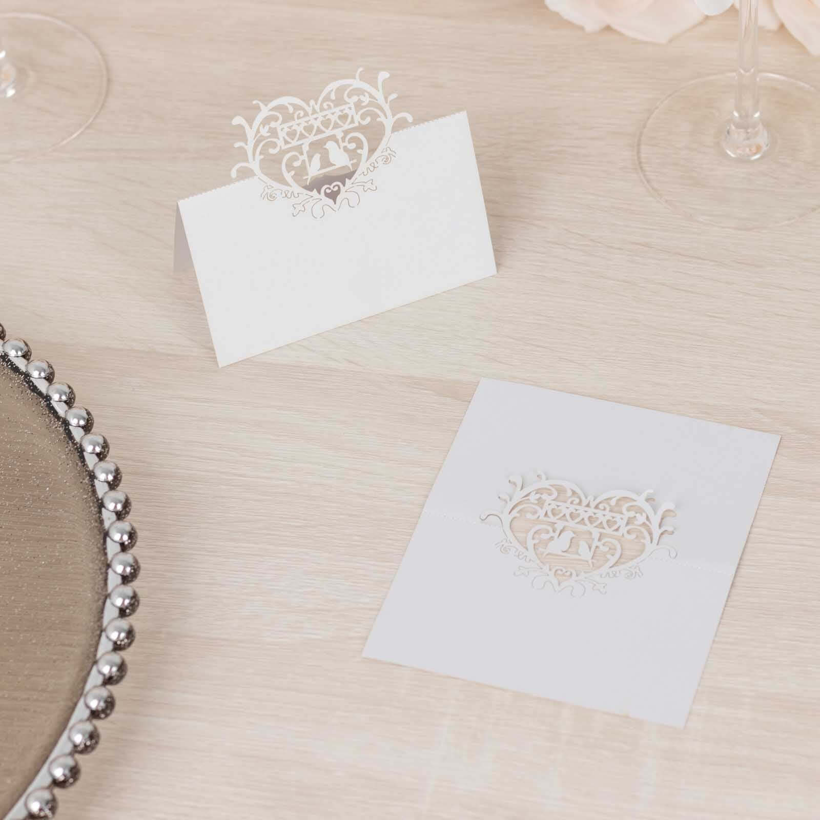 50-Pack Wedding Place Cards with Laser Cut Hollow Heart Design White - Printable Reservation Seating Tent Cards 210 GSM