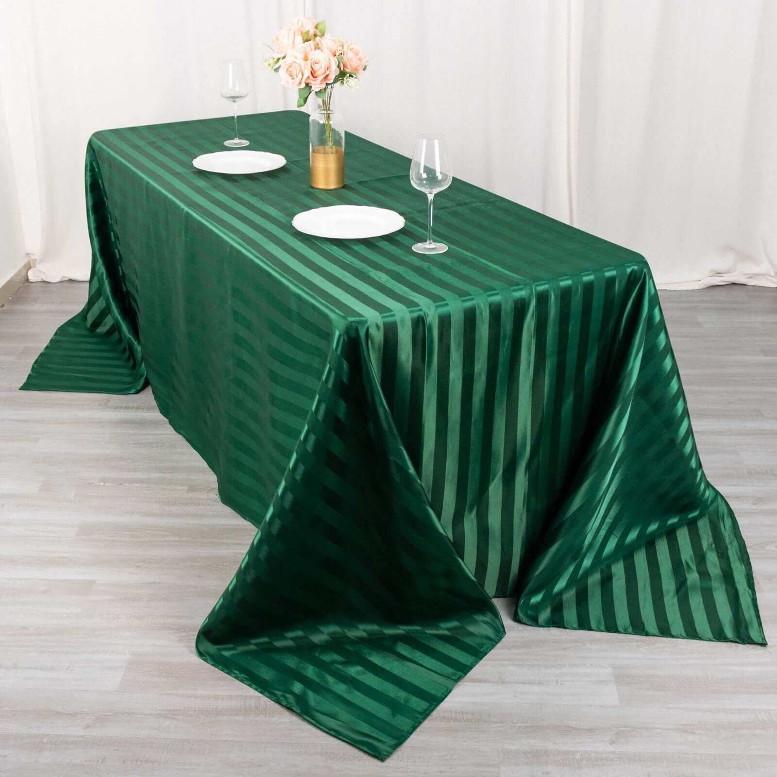 Satin Striped 90x132 Rectangular Tablecloth Hunter Emerald Green Satin Stripe - Seamless Silky Smooth Table Cover