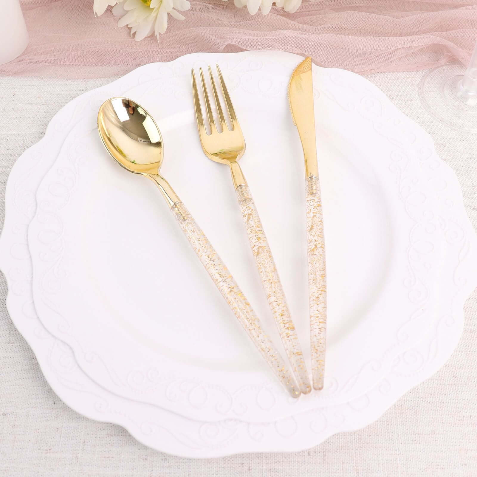 24-Pack Plastic Cutlery Set Metallic Gold with Gold Glitter - Stylish Disposable Silverware-Pack 8