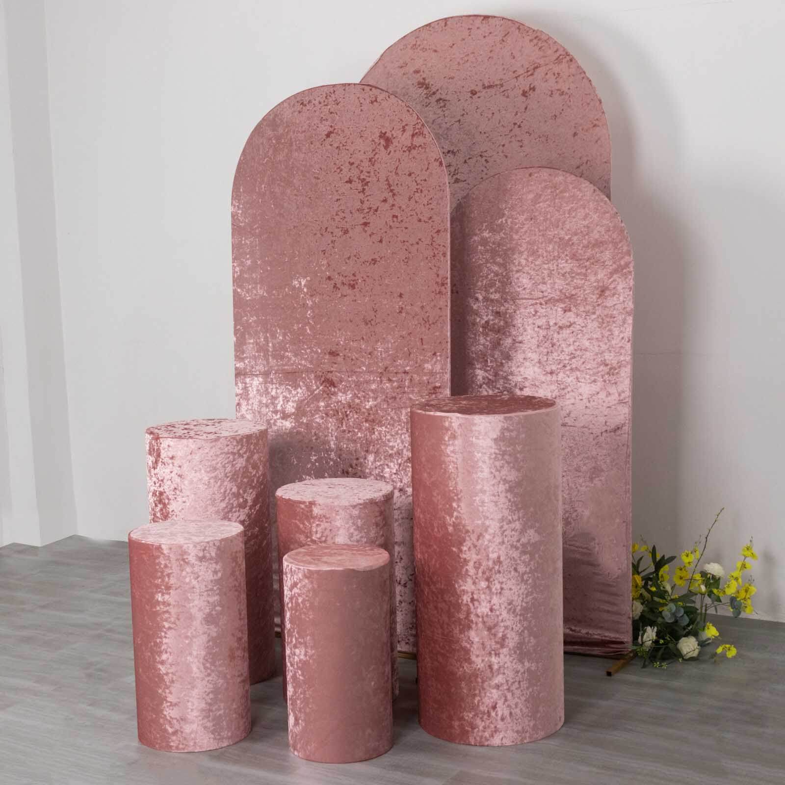 Set of 5 Dusty Rose Crushed Velvet Cylinder Pedestal Stand Covers, Premium Pillar Prop Covers