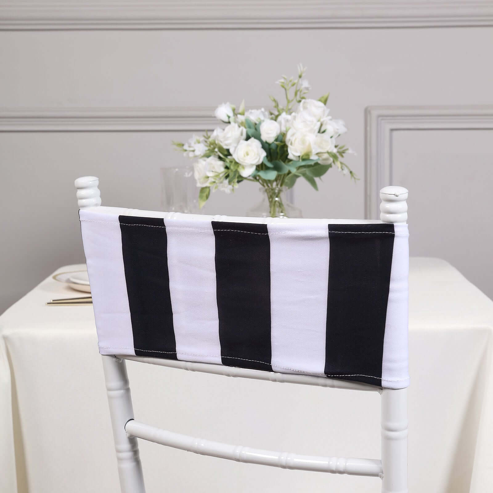 5 Pack Spandex Chair Sashes Black/White Vertical Stripes - Easy to Use & Wrinkle-Free Stretch Chair Bands for Stunning Tablescapes 5x14