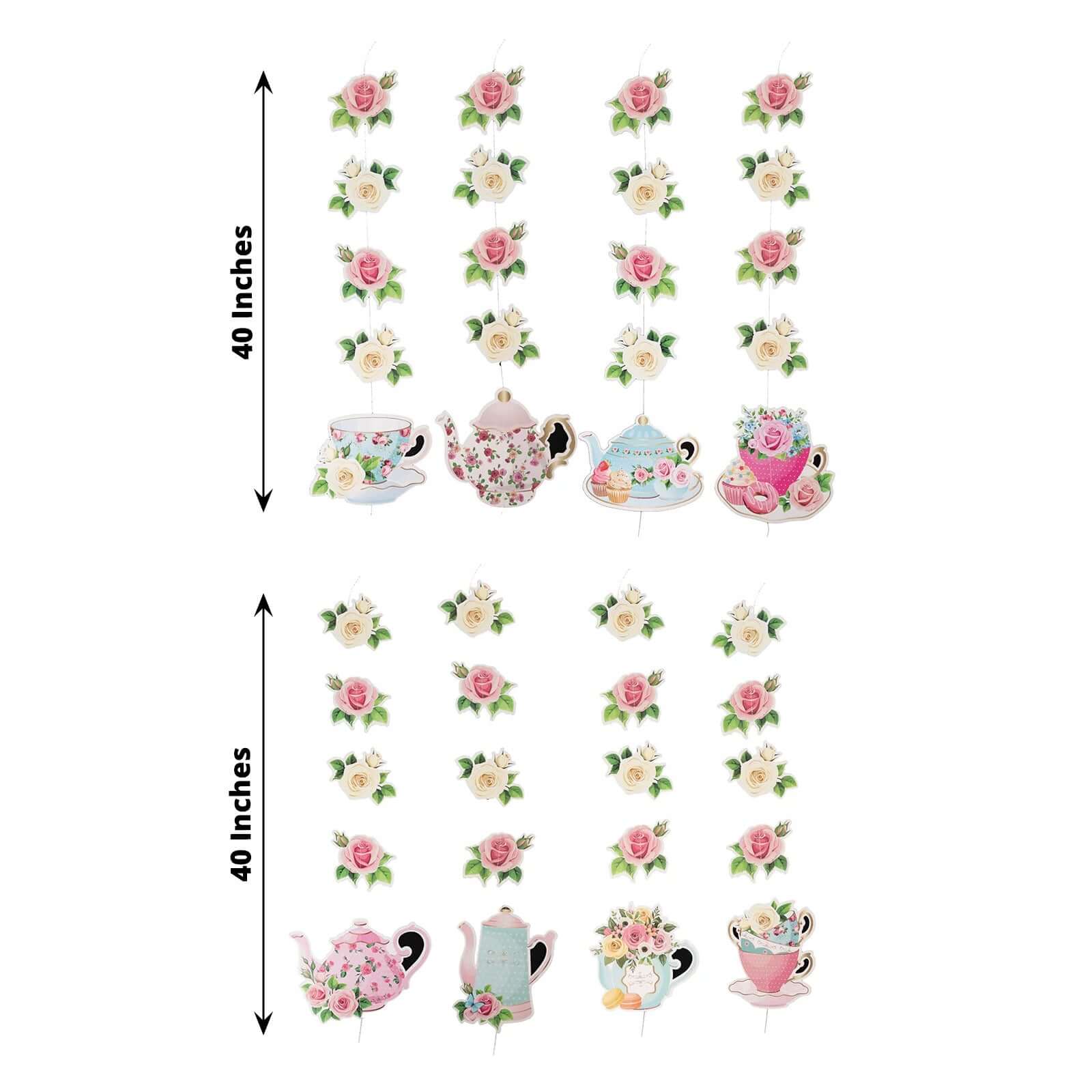 8 Pack Double Sided Floral Tea Party Paper Garland, 40 Pre-Assembled Mixed Teapot Banner Hanging Decorations