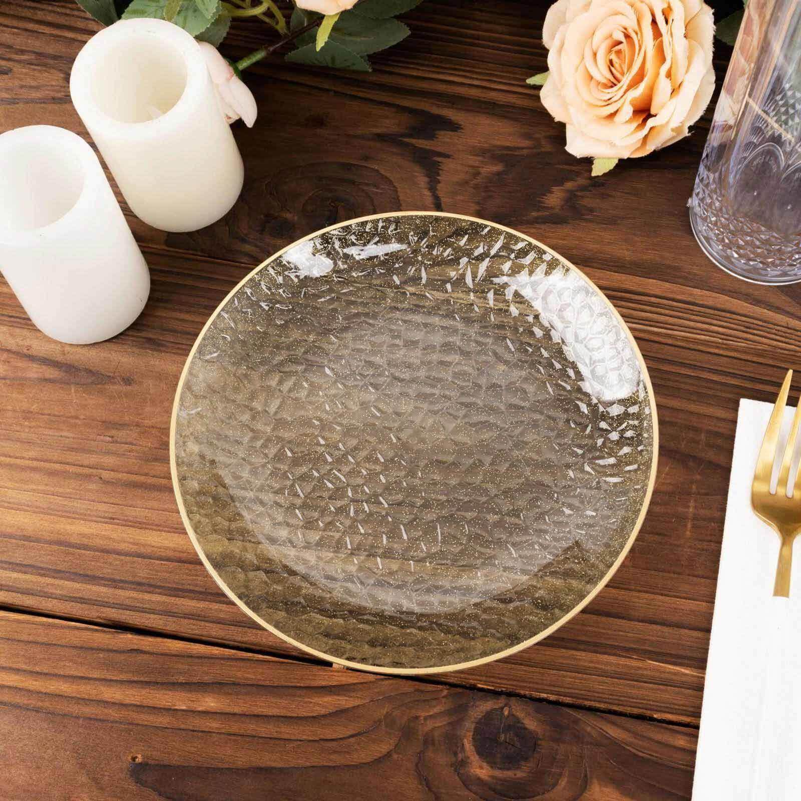 10-Pack Plastic 7 Round Dessert Appetizer Plates in Clear Gold Glittered Hammered Design with Gold Rim - Modern Disposable Salad Plates for Events & Banquets