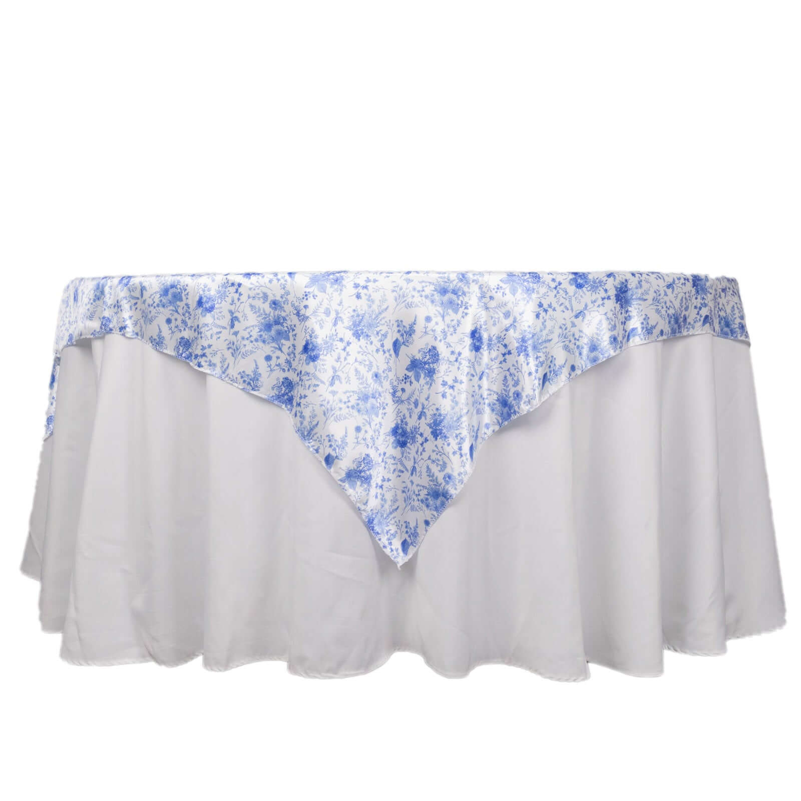 Satin 72x72 Table Overlay Square Tablecloth White Blue - French Toile Floral Design for Stylish Celebrations