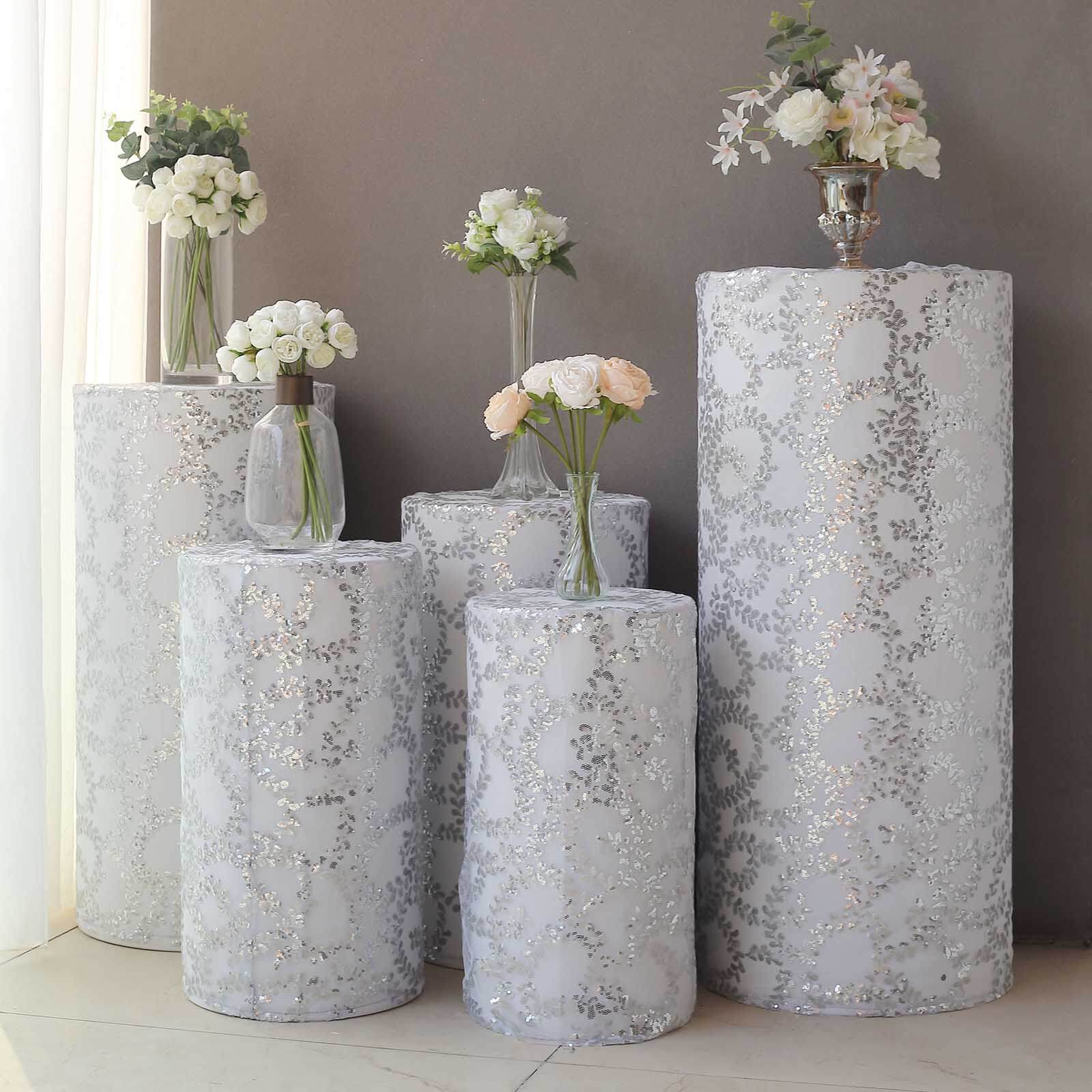 Set of 5 Silver Sequin Mesh Cylinder Pedestal Stand Covers with Leaf Vine Embroidery, Sparkly Sheer Tulle Pillar Prop Covers