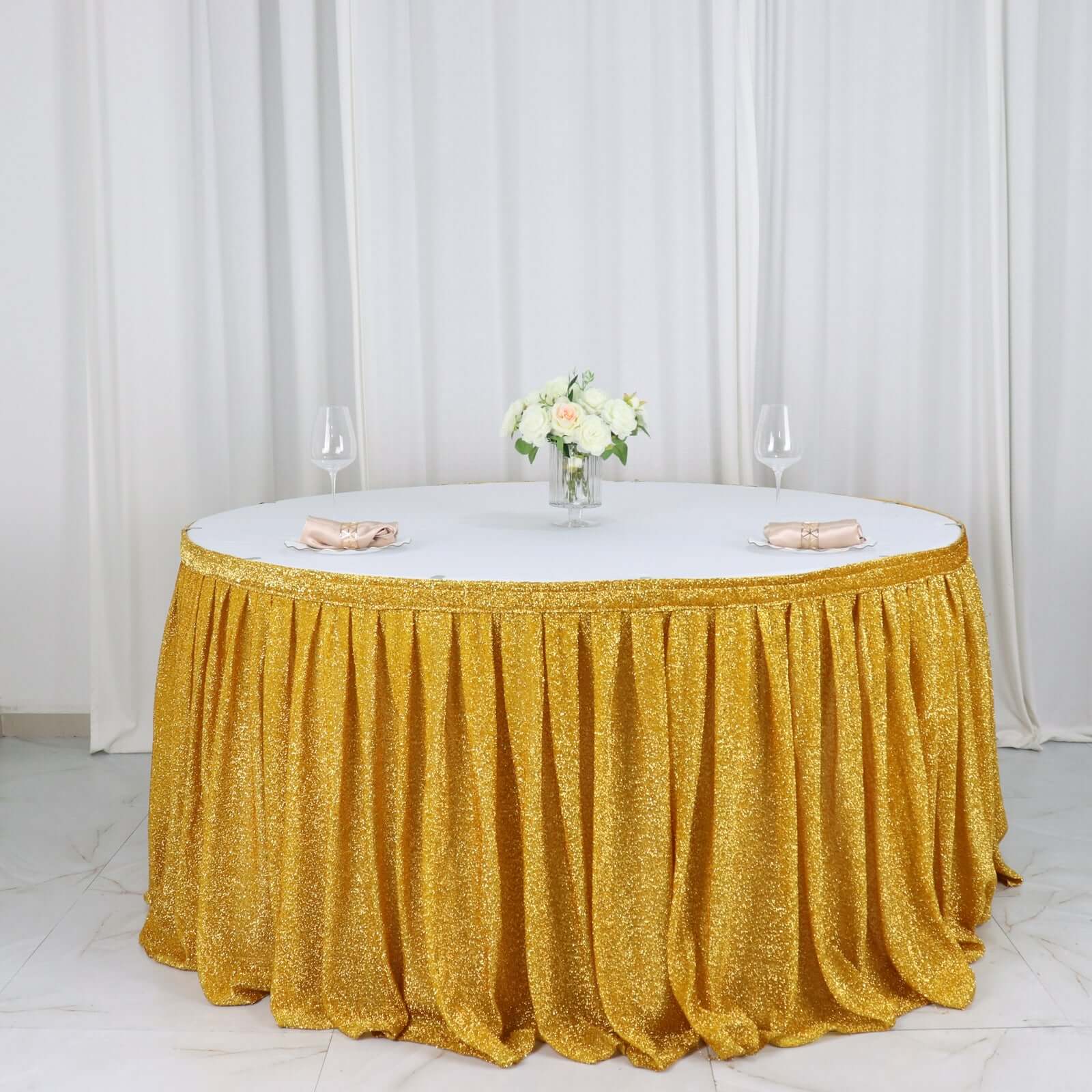 Spandex 17ft Table Skirt Gold Pleated Metallic Shimmer Tinsel with Top Velcro Strip Event Decoration