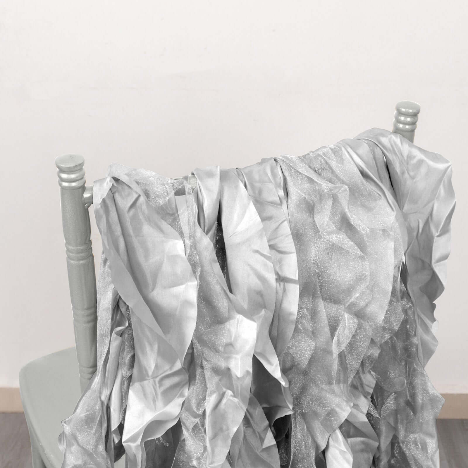 5 Pack Chiffon Satin Chair Sashes Silver - Easy to Install Ruffled Curly Willow