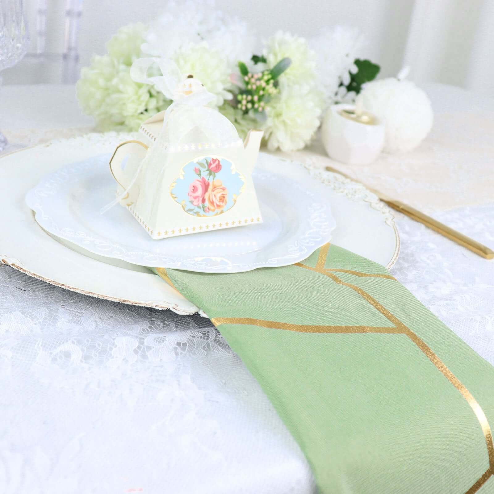 5 Pack Polyester 20x20 Napkins Sage Green with Gold Geometric Foil Pattern - Modern Reusable Dinner Napkins