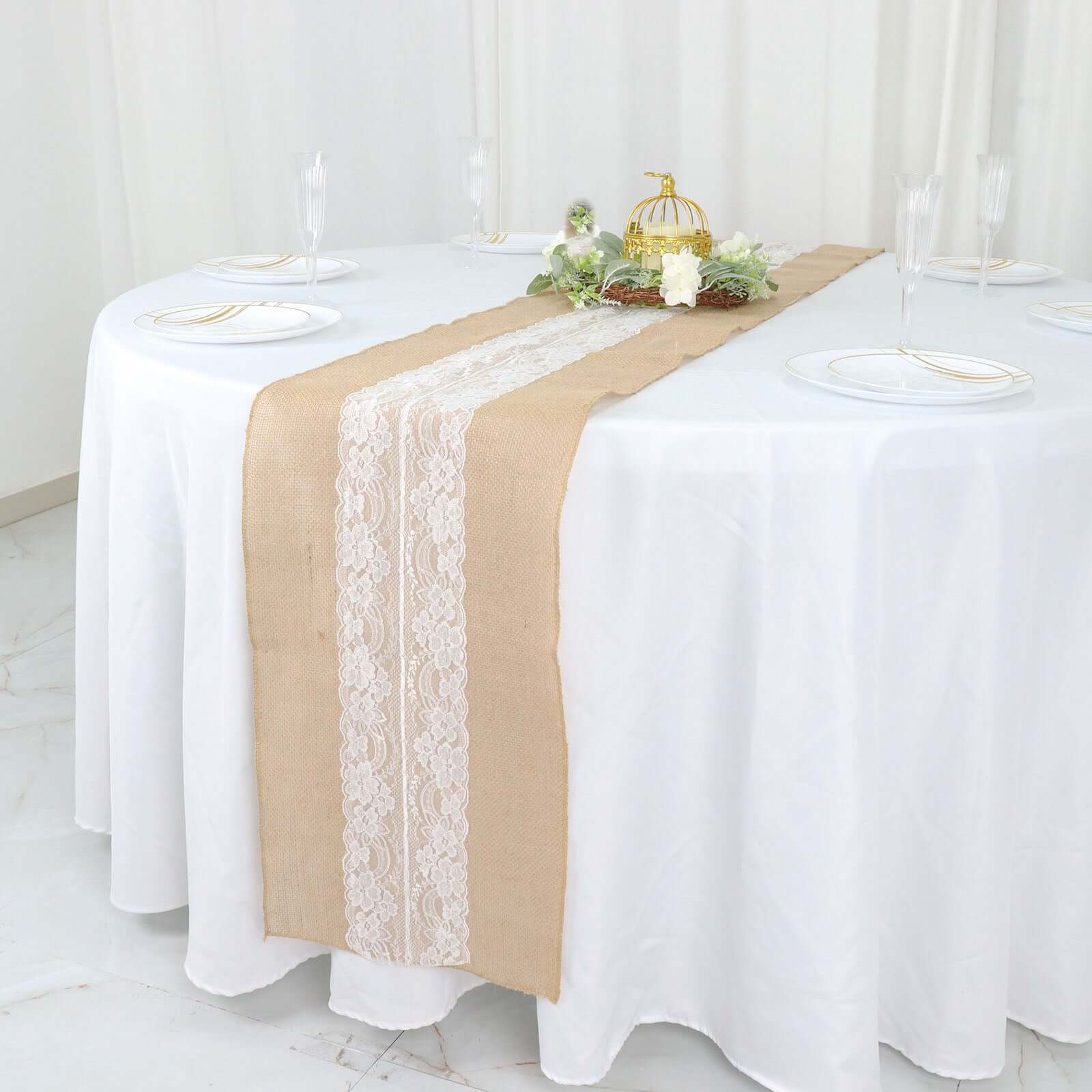 Burlap Jute 14x106 Table Runner Natural With White Middle Lace - Rustic Vintage Tabletop Decor