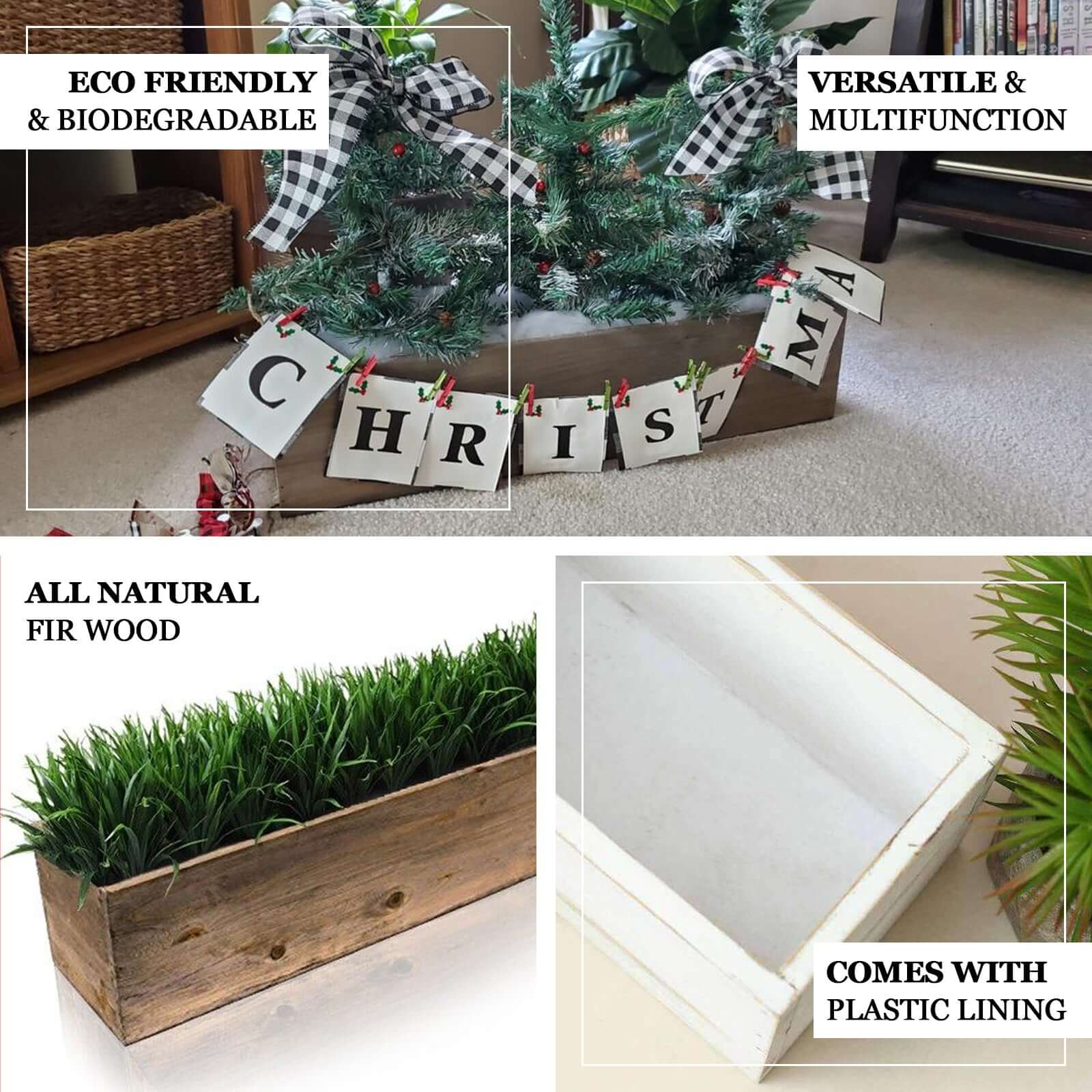 Whitewash Wood Planter Rectangular Box 24x6- Natural Decor with Removable Plastic Liner for Tables