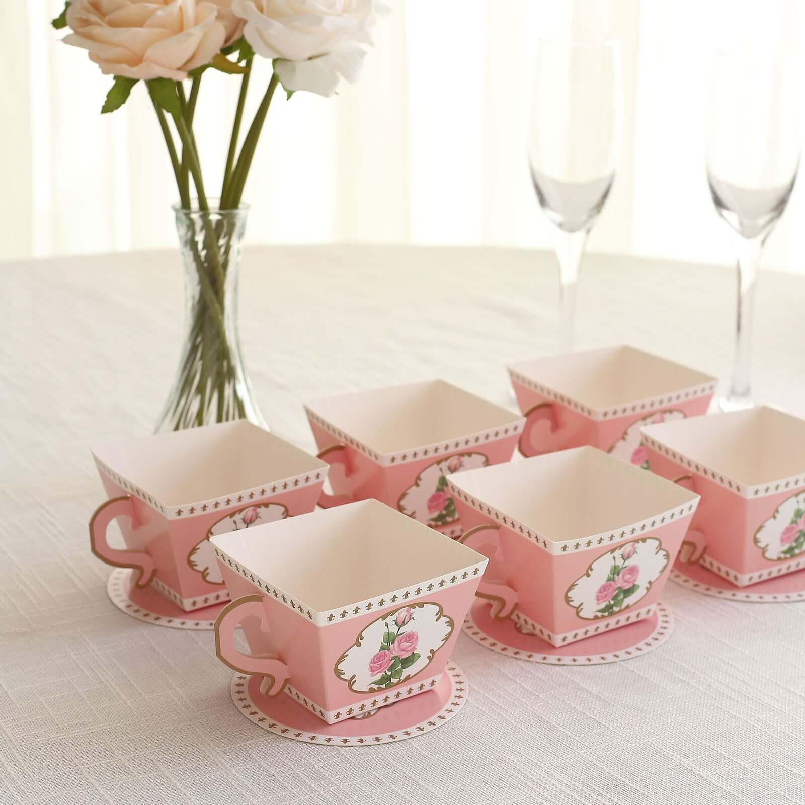 25 Pack Dusty Rose Mini Teacup and Saucer Party Favor Boxes with Rose Floral Print, Tea Time Candy Boxes - 4x3