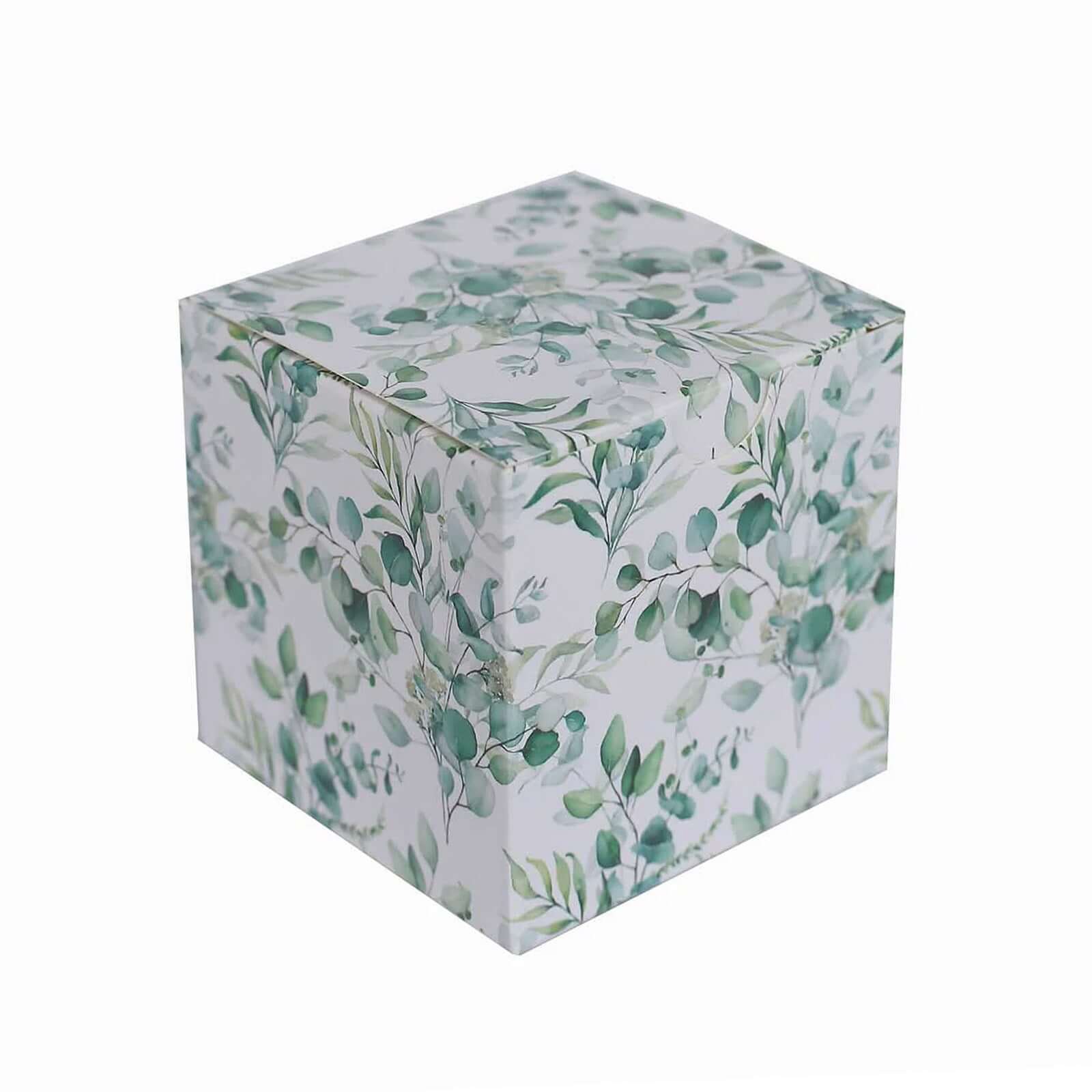 25 Pack White Green Eucalyptus Leaves Print Paper Favor Boxes, Cardstock Party Shower Candy Gift Boxes - 3x3x3