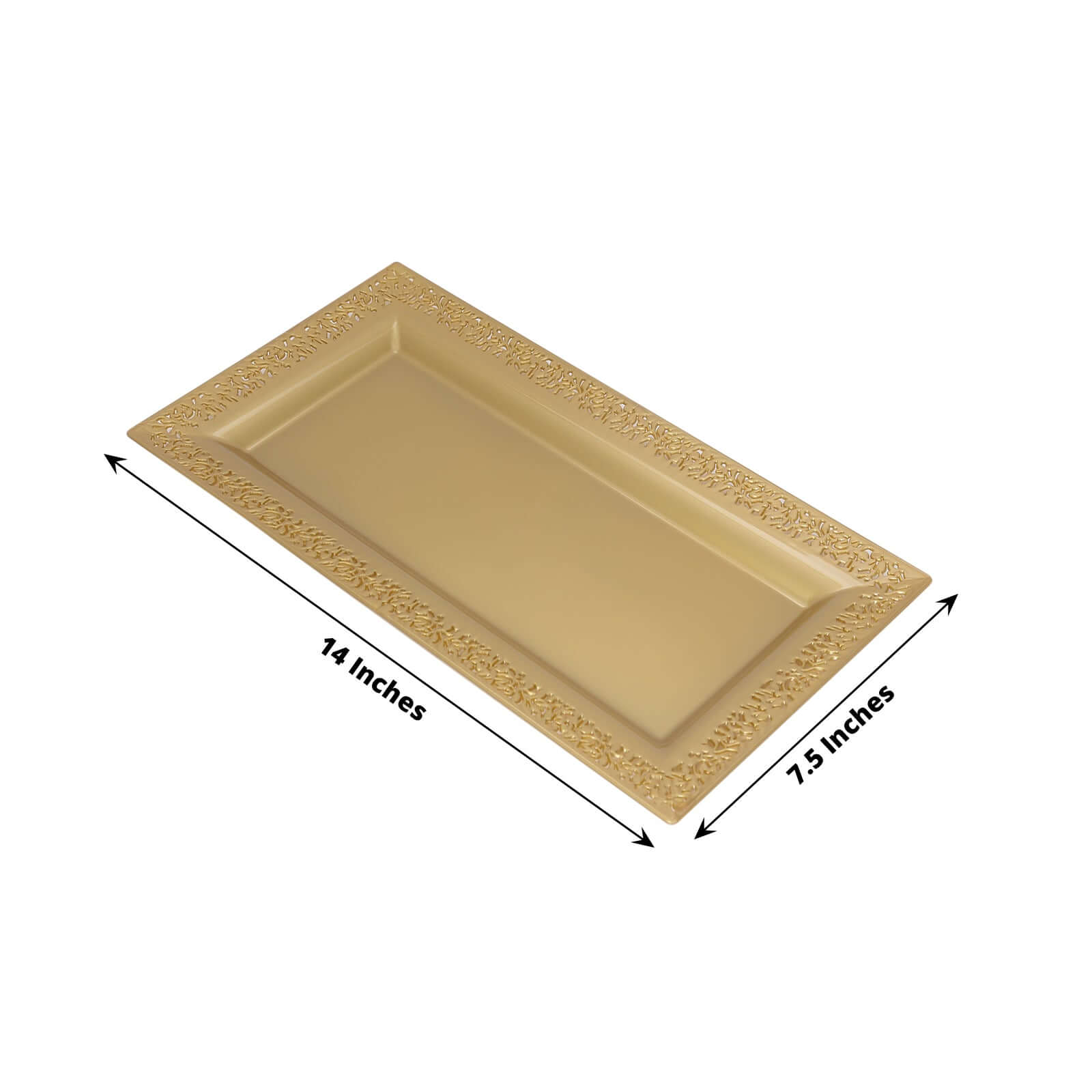 4-Pack Plastic 14 Rectangle Serving Trays Gold with Lace Rim - Chic Decorative Table Tray Platters for Buffets Banquets Dinner Parties