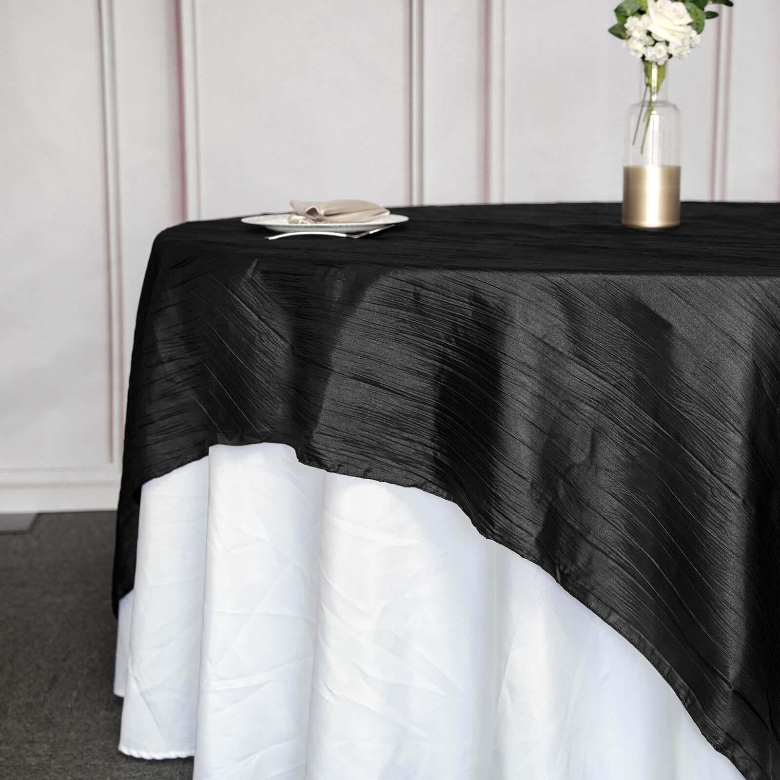 Taffeta 90x90 Table Overlay Square Tablecloth Black - Accordion Crinkle Table Cover