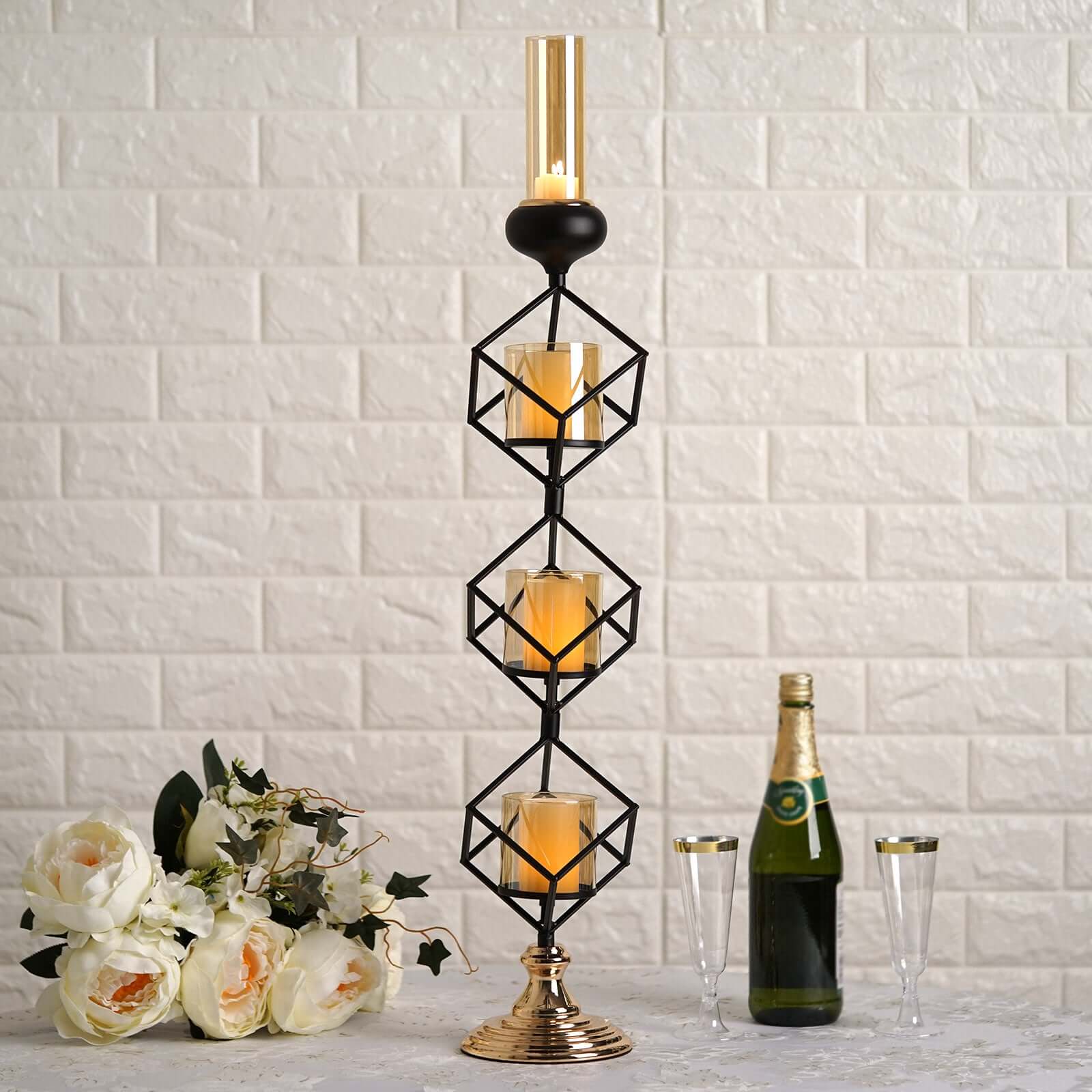 3-Tier Candle Holder Black Geometric Design with Amber Glass Votives & Gold Trim - Modern Decor for Weddings 28 Tall