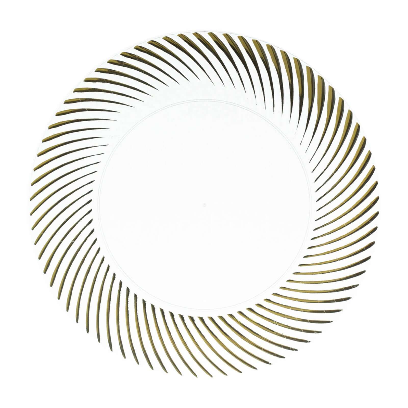 10-Pack Plastic 9 Round Dinner Plates Clear with Gold Swirl Rim - Disposable Party Plates for Classy Events & Banquets