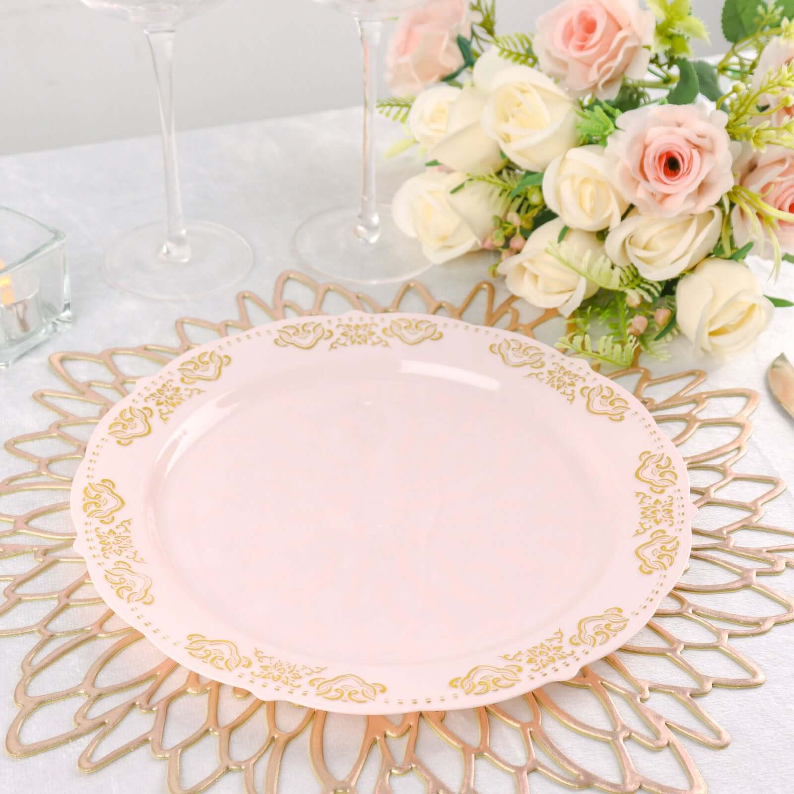 10-Pack Plastic 10 Round Dinner Plates in Blush with Gold Embossed Scalloped Edge - Chic Disposable Party Plates for Special Occasions & Banquets